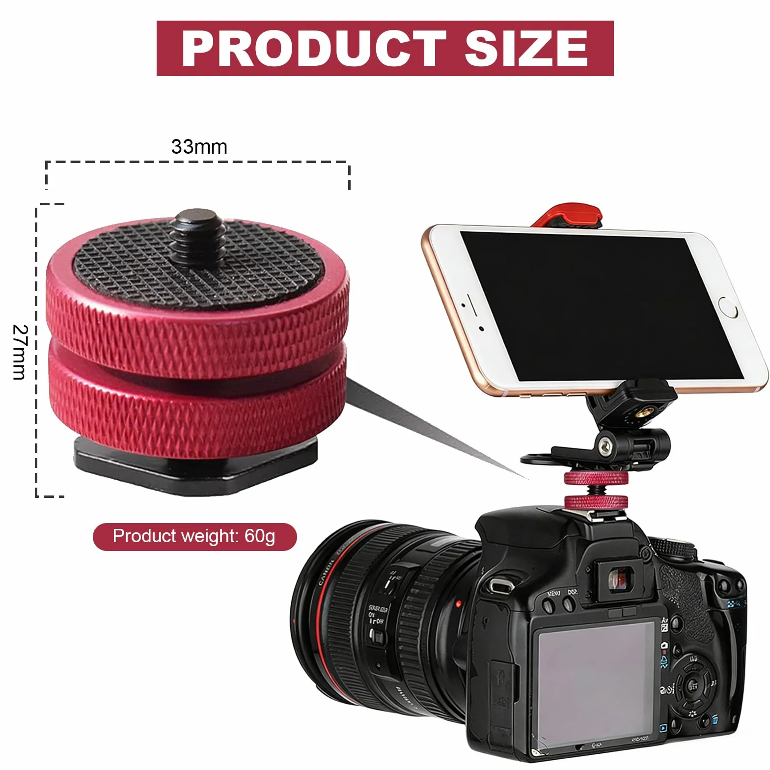 Adaptateur Griffe Flash vers 1/4"-20 Rouge – Écrou de Blocage Rond Élargi avec Patin en Caoutchouc Antidérapant – Support Griffe Froide Professionnel pour Moniteurs, Éclairages LED et Micros