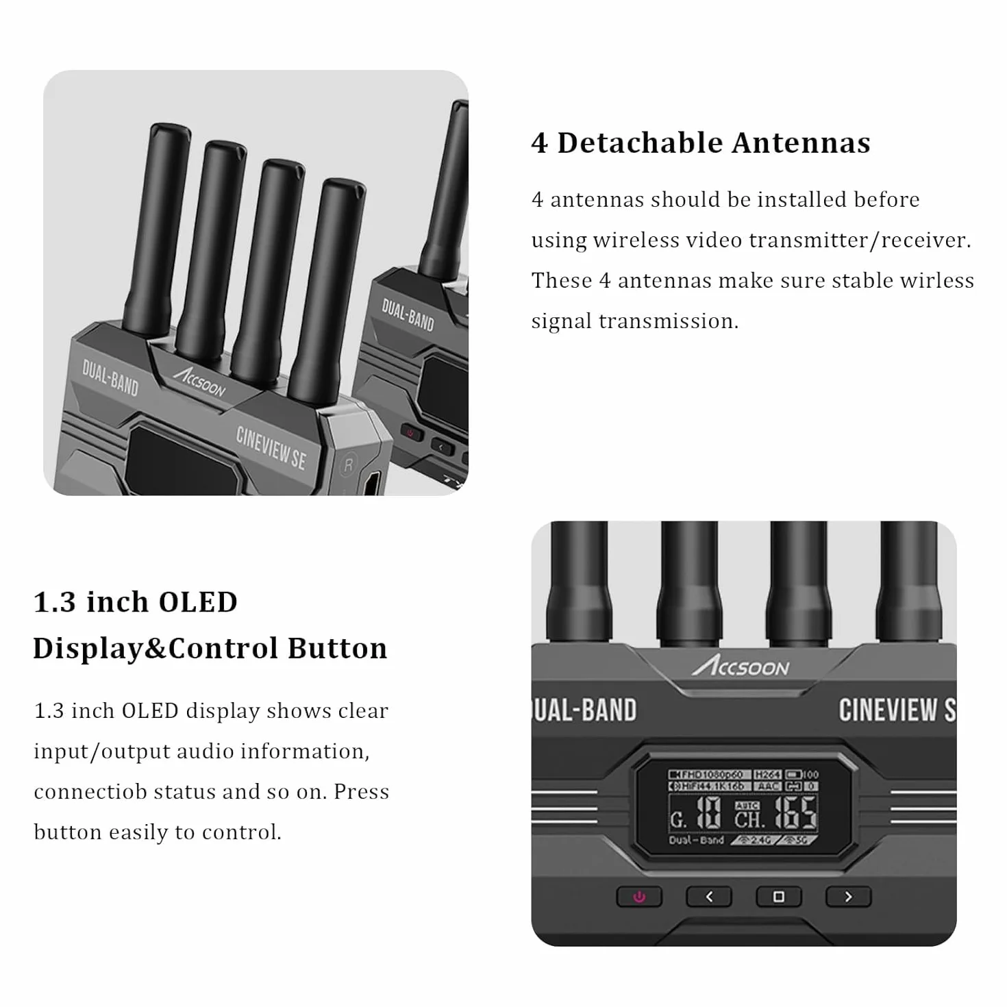 Accsoon CineView SE Émetteur Vidéo sans Fil Professionnel HDMI/SDI, Double Bande 2.4G/5G, Portée 350m, Latence <50ms, Compatible Caméras, Surveillance 4 Appareils, adapté aux cinéastes et vidéastes