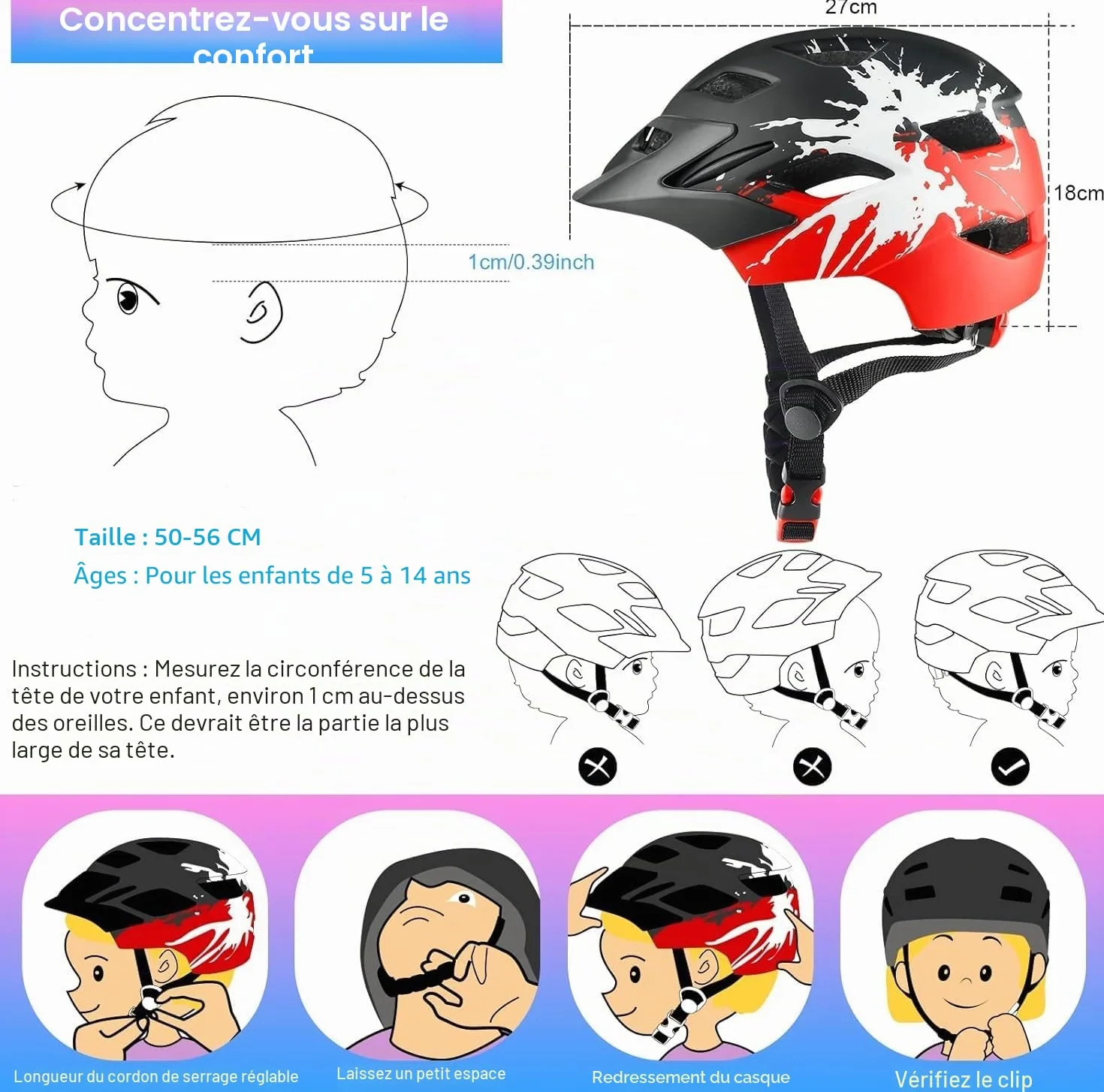 Casque de vélo Enfants 4-15 Ans léger avec feu arrière Cadran réglable visière Amovible 48-56 cm