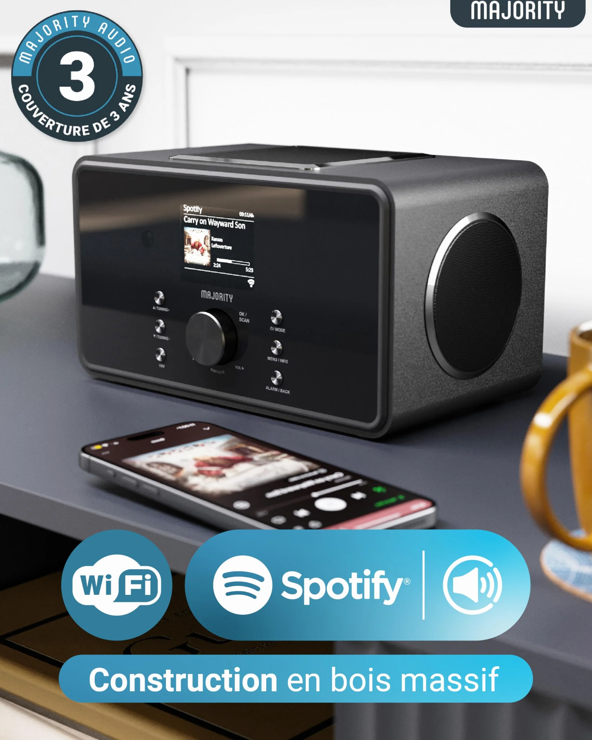 Radio Internet WiFi avec Bluetooth | Radio Dab Plus & FM | 100W 2.1 Caisson de Basse Interne pour Xtra Bass | Spotify Connect & Podcasts | Télécommande Incluse & OKTIV App Control | MAJORITY Bard