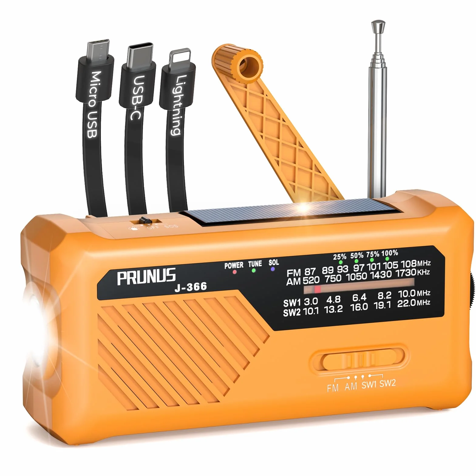 PRUNUS J-366 Radio Portable d'Urgence à Manivelle avec Batterie Rechargeable 2000mAh, Alarme SOS, Lampe de Poche, USB-C, Solaire