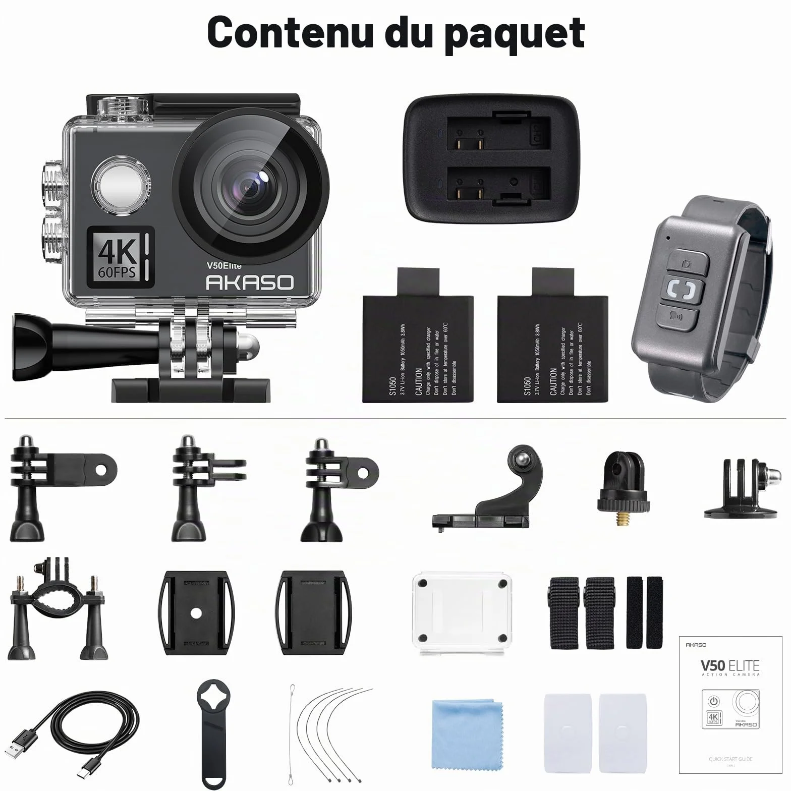AKASO V50 Elite Caméra Sport 4K 60fps 20MP WiFi Etanche EIS 8X Zoom 2 Batteries