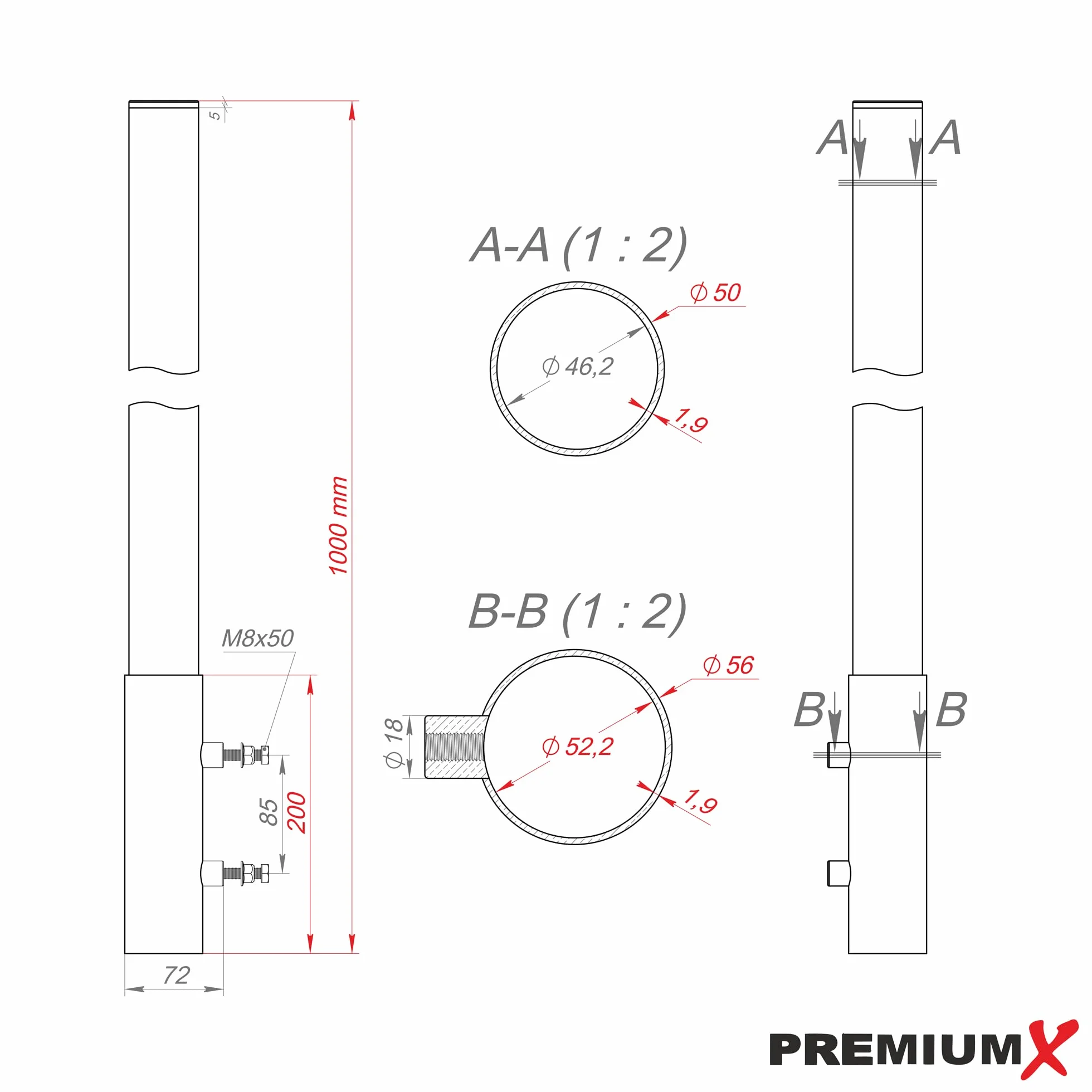 PremiumX Rallonge de mât en Aluminium 100 cm Diamètre 50 mm Support en Aluminium avec Capuchon de mât
