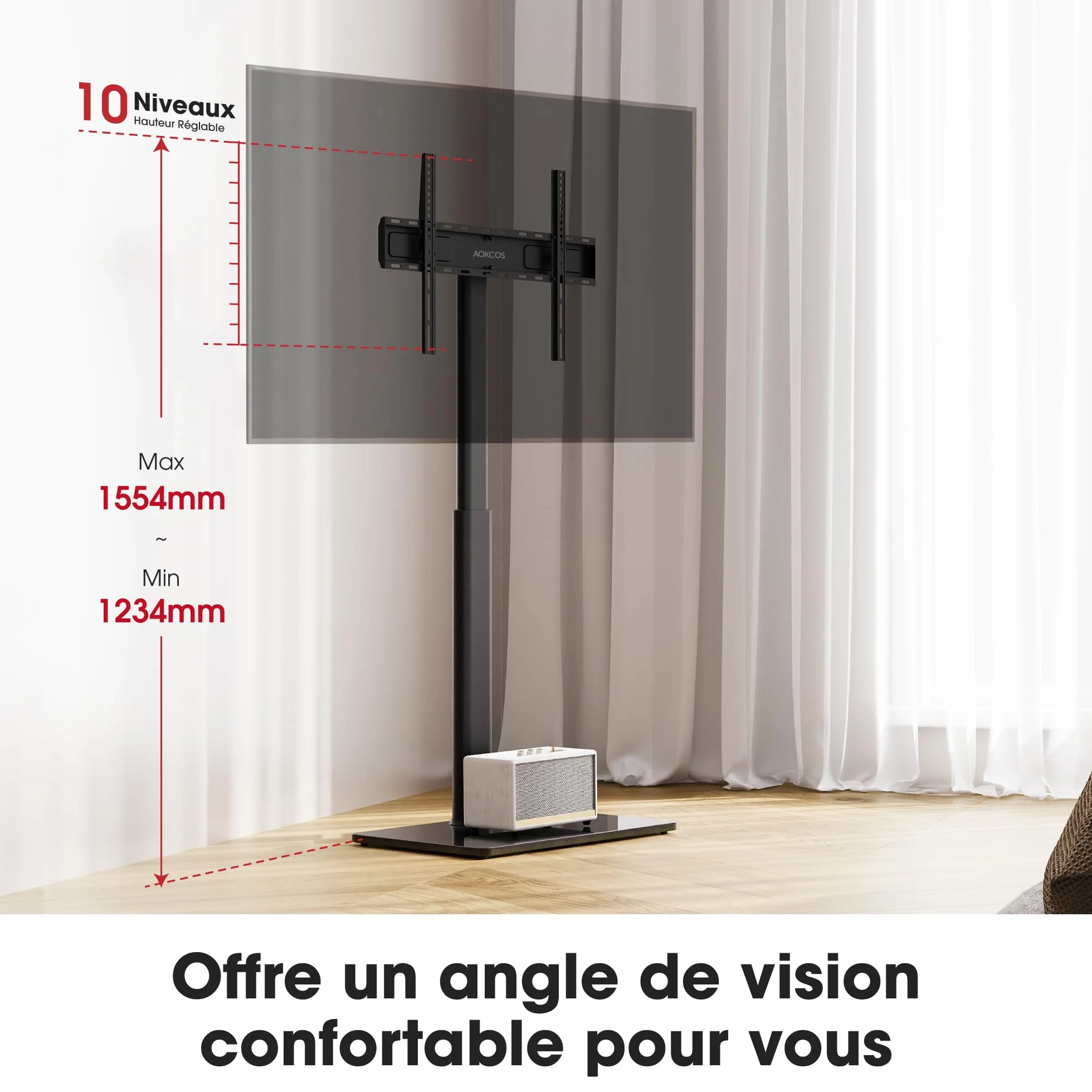 AOKCOS Support TV sur Pied Plus Haut 1,6m pour 43-85 Pouces,Pied pour TV Pivotant 50° Inclinable 12° Hauteur Réglable Max VESA 600x400mm Max Capacité 50 KG (Noir)