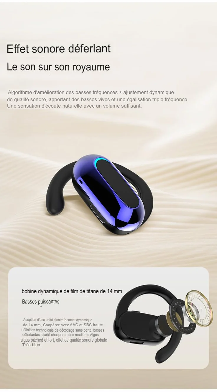 Clip Oreillette Bluetooth 5.2 sans Fil - 75 mAh, 15H Écoute, Recharge USB-C, Clip Oreille Ouvert, Confortable, Idéale Télétravail & Sport. (Noir)