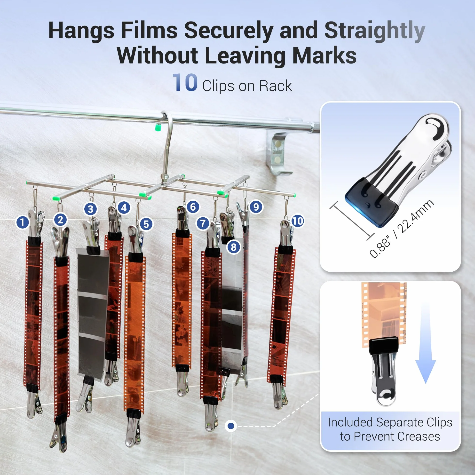 JJC Séchoir à film en acier inoxydable pour 120 films de 35 mm avec 10 clips, support de film en acier inoxydable pour films de 135, 120, 4 x 5, cadre pliable, résistant au vent, pas de rayures