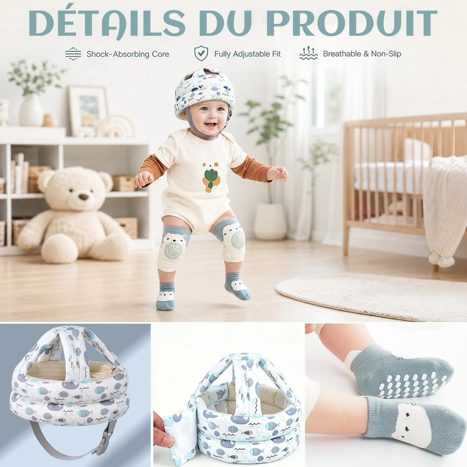 Solivive Casque Bébé Antichoc Protection, Anti Choc pour Bébé avec Longueur Réglable, Chaussettes Antidérapantes et Genouillères