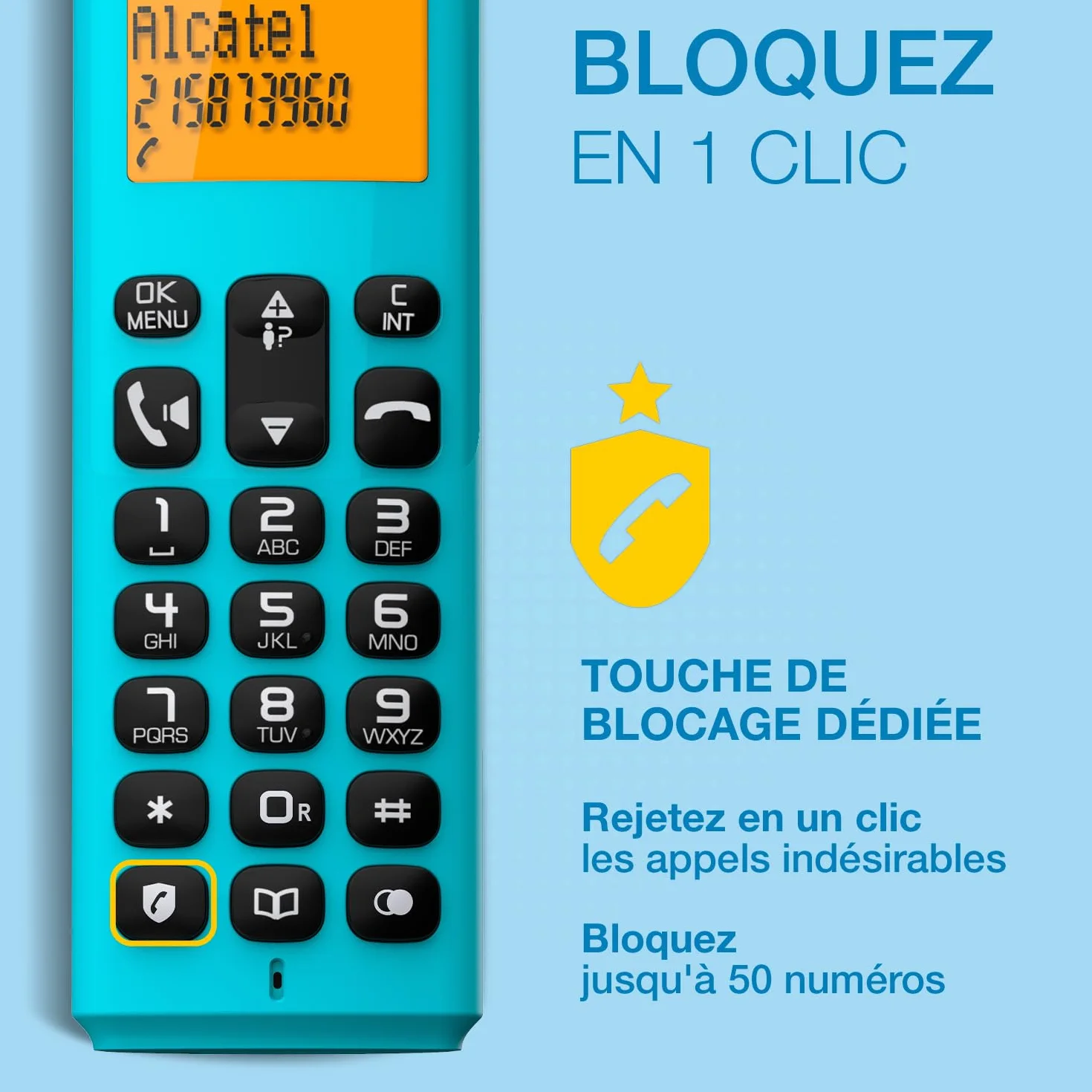 ALCATEL E260 Téléphone Fixe sans Fil DECT Grand Écran Rétroéclairé Mains Libres Blocage Appels Indésirables Bleu