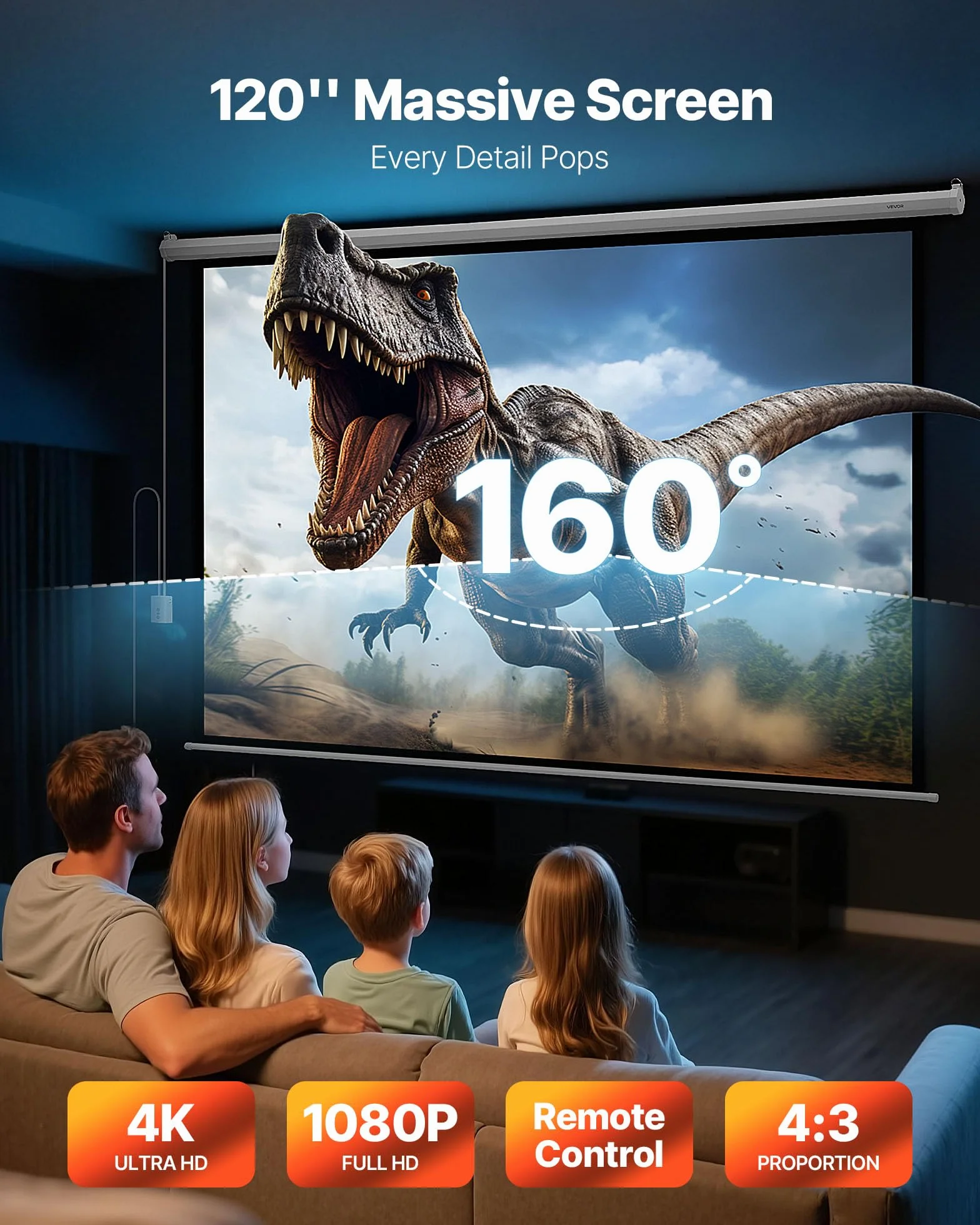 VEVOR Écran de Projection Motorisé Électrique 3048 mm 4:3 1080 HD, Toile PVC avec Télécommande