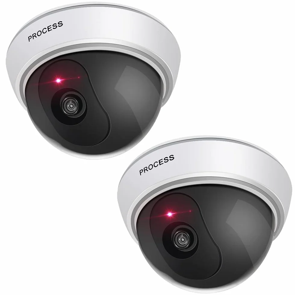 ERWEY Lot de 2 Caméras Factices Extérieur & Intérieur, Fausse Caméra de Surveillance Dôme avec Lumière LED Rouge Clignotante & Autocollants CCTV, pour Mur et Plafond (Blanc)