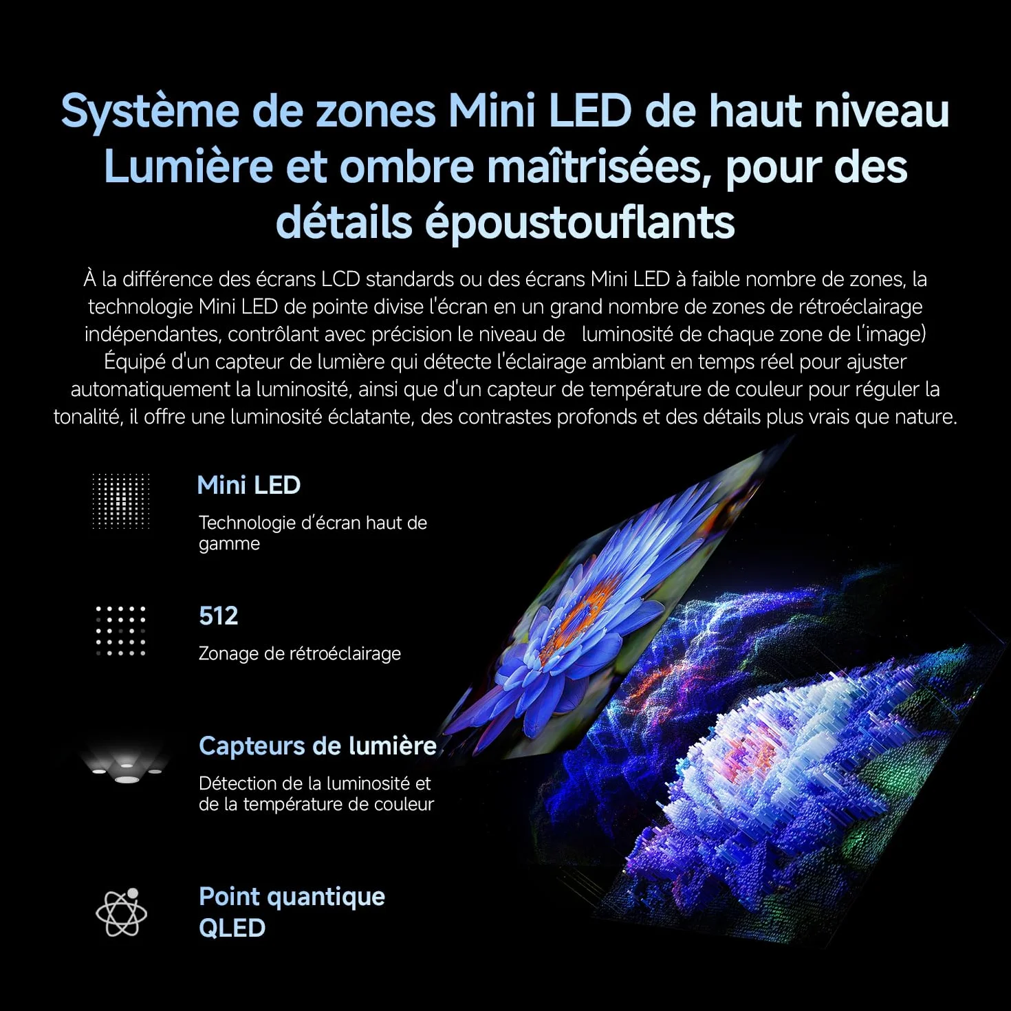 XIAOMI TV S Mini LED 75"(190 cm), QLED Mini LED Télévision, 4K UHD, Smart TV avec Google TV, HDR10+, Triple Tuner, DVB T2, 60Hz avec 120Hz Game Boost Mode, MEMC, Dolby Audio, Airplay 2