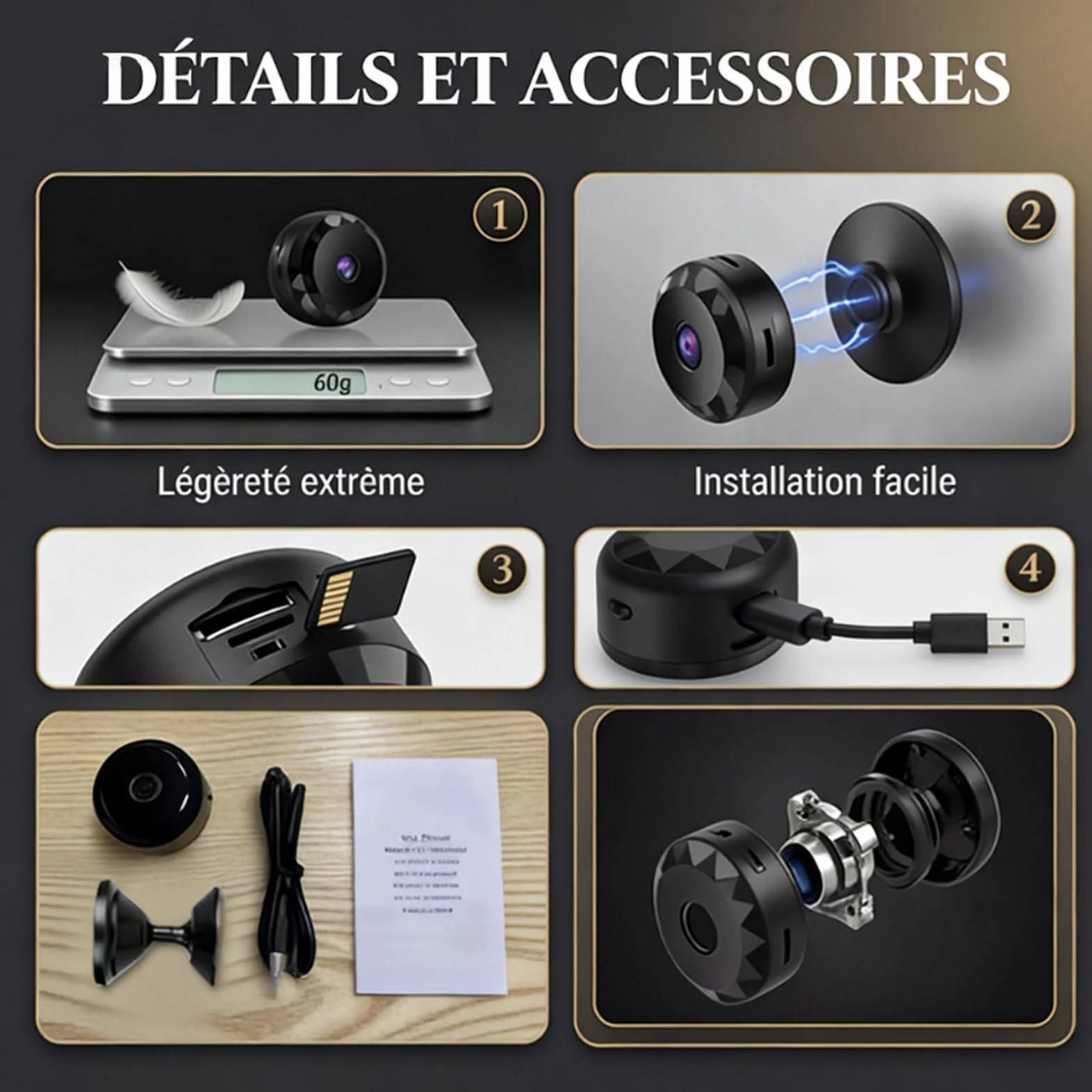 Camera Espion Mini sans Fil WiFi 1080P Caméra Espion Invisible Micro Petite Extérieur Discrete a Distance Maison de Interieur Extérieur Surveillance Spy Cam Grande Enregistrement Black