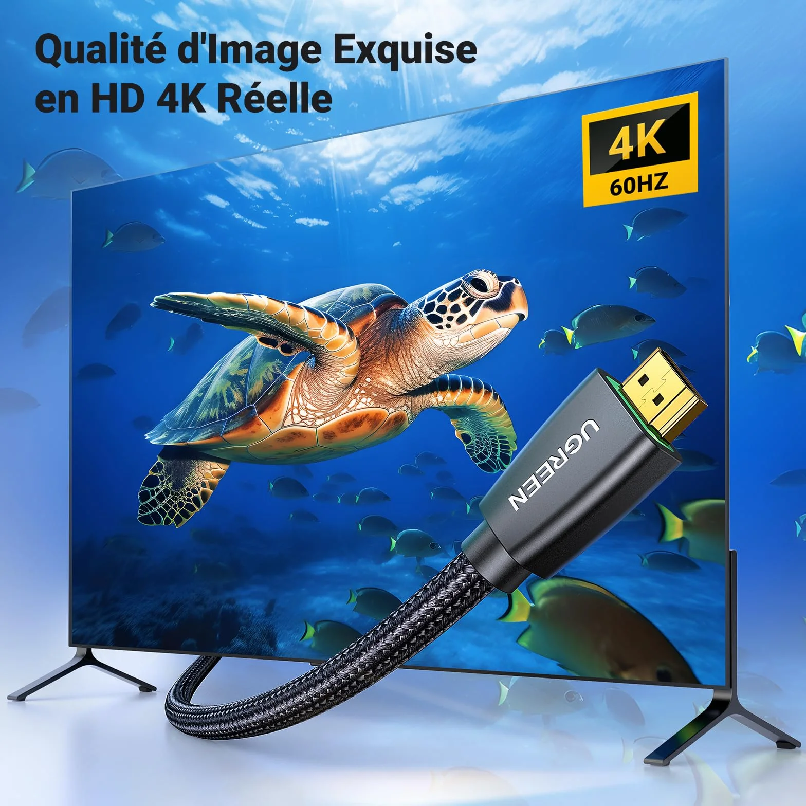 UGREEN Câble HDMI 4K Ultra HD Cordon 2.0 Haute Vitesse par Ethernet en Nylon Tressé Supporte 3D HDR Retour Audio Compatible avec PS5 PS4 PS3 Lecteur Blu Ray Xbox 360 PC Ampli TV Écran (2M)