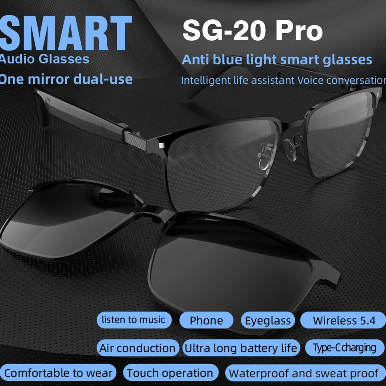 Jectse Verres Intelligentes AI, Lunettes de Traduction avec Micro et Haut-Parleur, Traduction en Temps Réel, 100+ Langues 5.4 pour Les Appels Musicaux, Lentille Magnétique