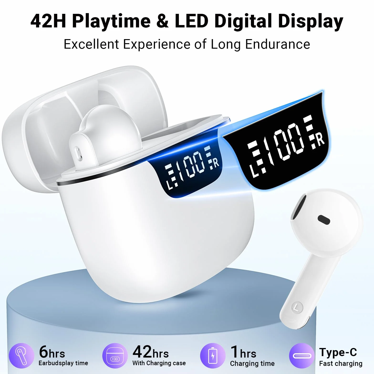 Ecouteurs Bluetooth sans Fil, kauguo Ecouteurs sans Fil 5.3 Écran LED Hi-Fi Son Stéréo Réduction Bruit ENC 4 Mic 42H Durée Lecture Contrôle Tactile Casque Bluetooth IPX6 Étanche pour iOS Android blanc