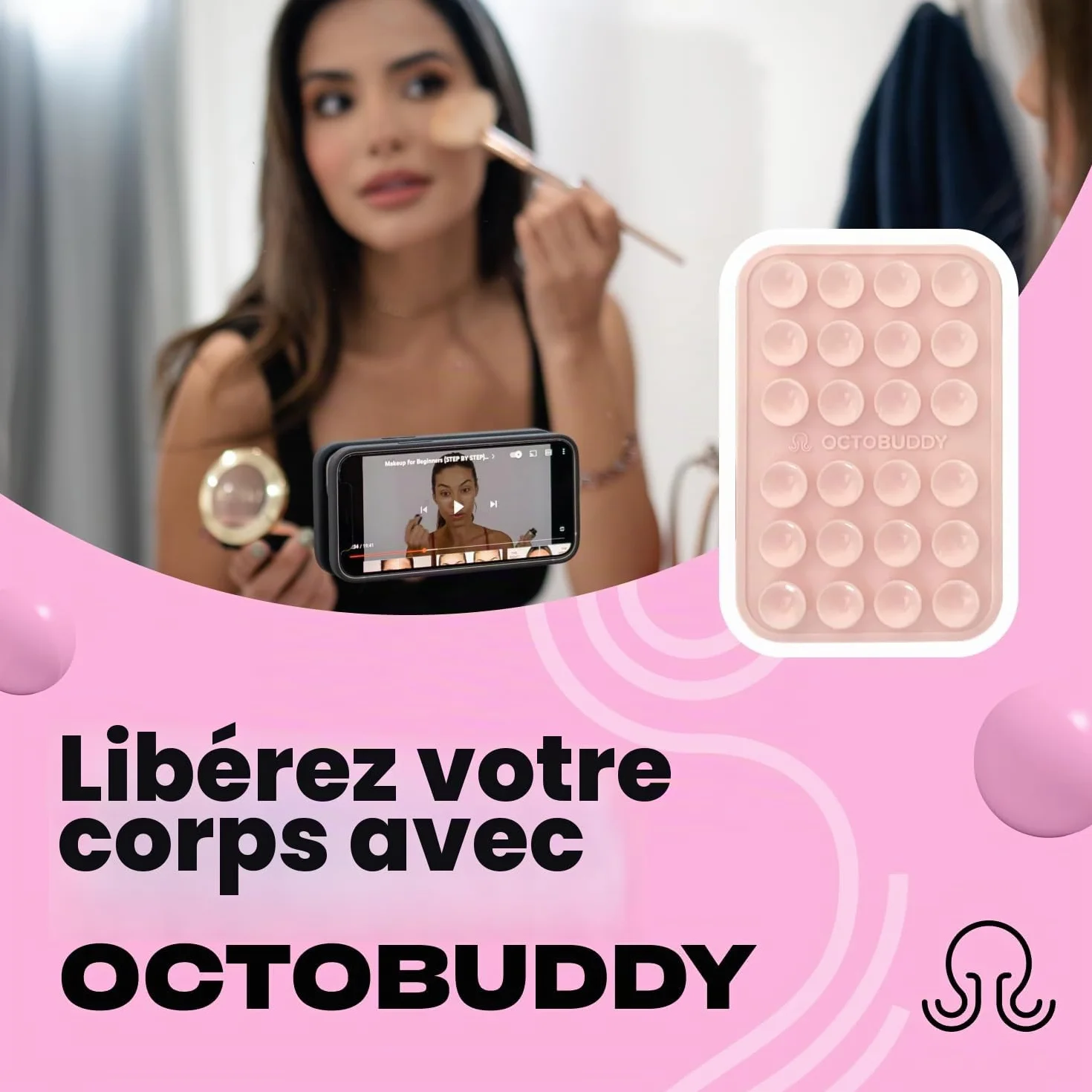 OCTOBUDDY Max || Support adhésif en Silicone pour Coque de téléphone || Compatible avec iPhone et Android, Support d'accessoires Mains Libres antidérapant pour Selfies et vidéos (Max - Rose Craie)