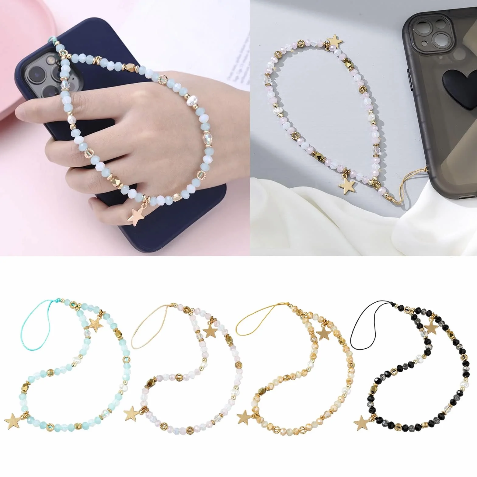 WaTudouYe Chaîne de perles pour téléphone - Bijoux pour téléphone - Anti-perte - Cordon pour téléphone - Corde en étoile - Pendentif pour téléphone - Lanyard pour téléphone pour femmes et filles