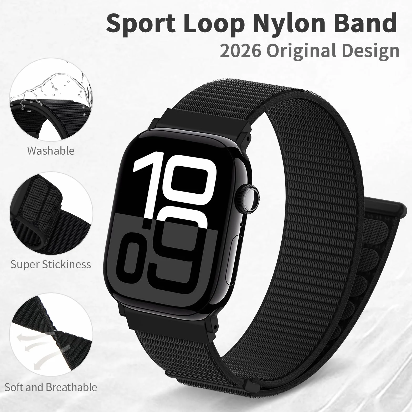AMSKY Boucle Sport Nylon Compatible avec Bracelet Apple Watch Se 40mm 44mm 46mm 42mm 45mm 41mm 38mm 49mm, pour iWatch Serie 11 10 9 8 7 6 5 4, SE Ultra 3 2 1, Noir, 46mm/44mm/45mm/49mm