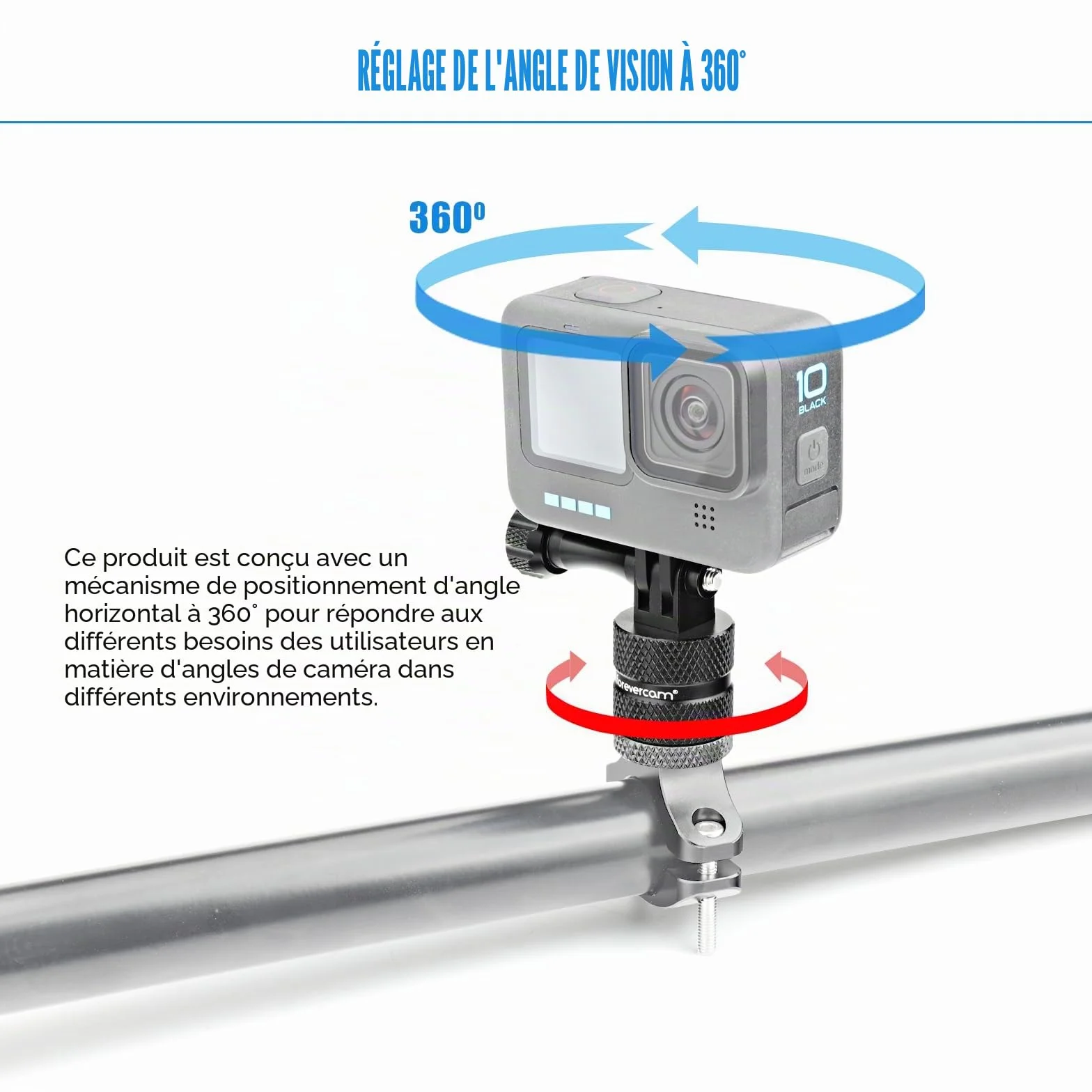 Forevercam-Support de caméra d’action en alliage d’aluminium pour guidon de vélo, rotation à 360 degrés, compatible avec diverses caméras