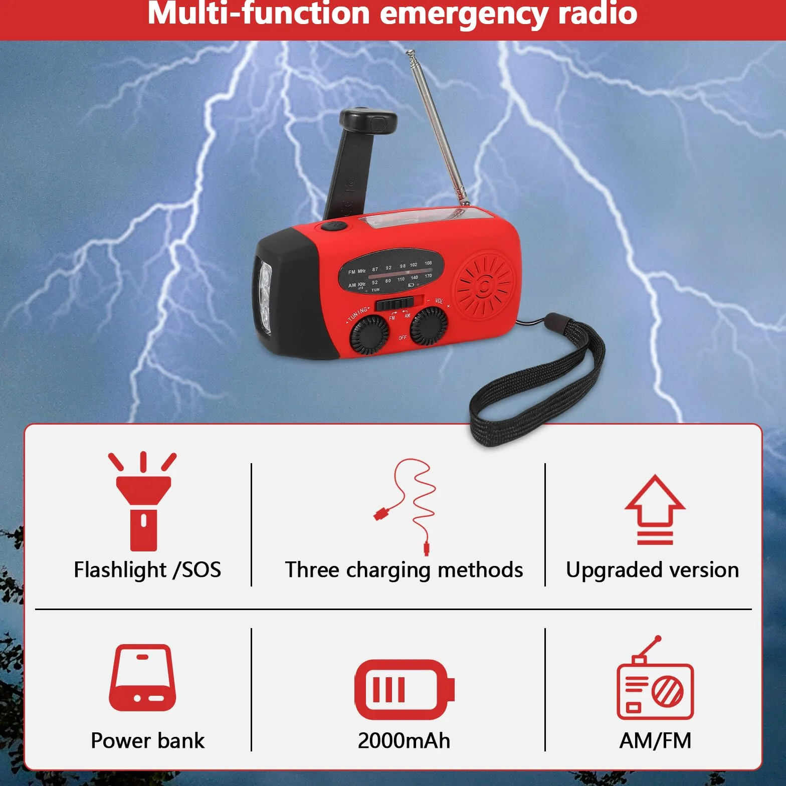 Radio à manivelle solaire LED AM/FM météo recharge téléphone portable camping randonnée urgence jaune