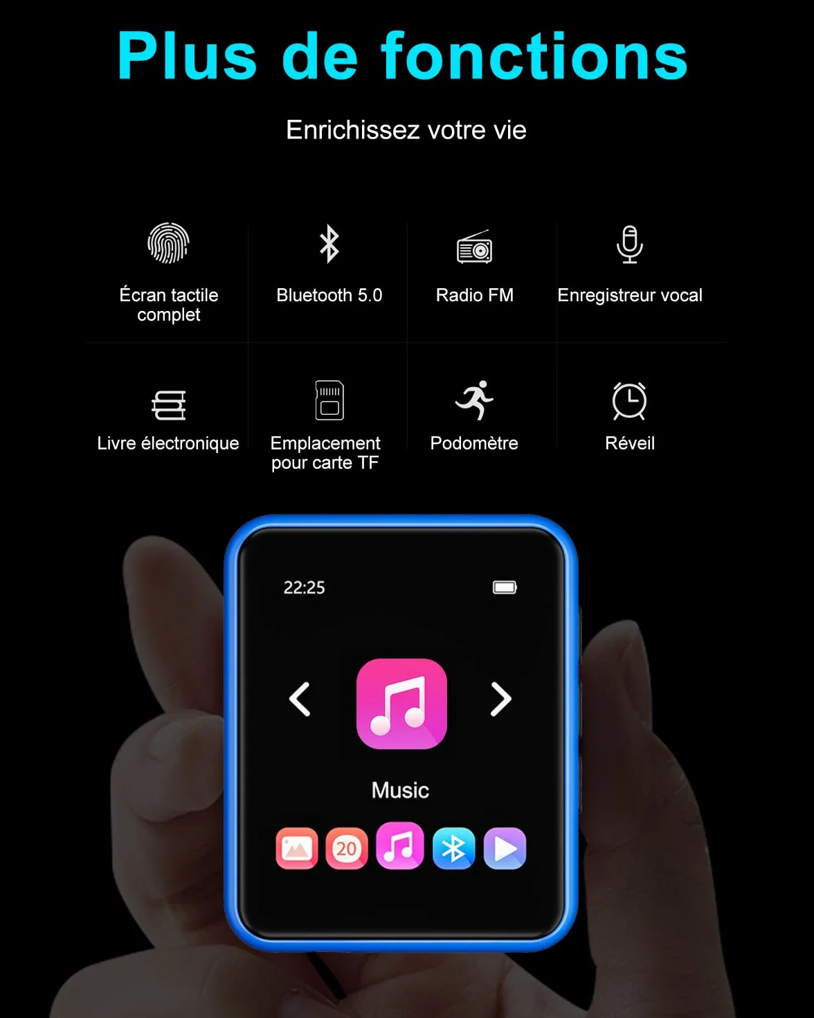 Lecteur MP3 Bluetooth 5.0 32 Go avec écran tactile complet, lecteur de musique Hi-Fi sans perte avec boîtier en métal, avec radio FM, haut-parleur, enregistrement ligne, prise en charge jusqu'à 128 Go