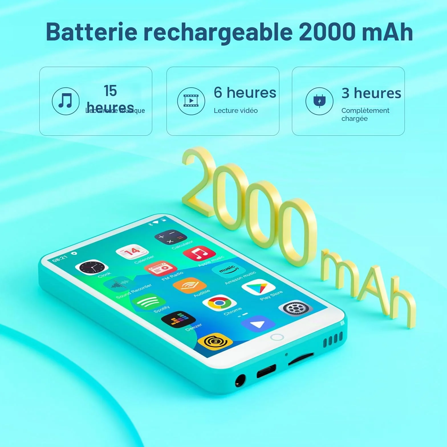 Lecteur MP3 avec Bluetooth et WiFi, Oilsky 80GB 4'' Android 9.0 Lecteur de Musique, MP4 à écran Tactile 1080P, Mp3 Portable avec Spotify, Audible, Deezer (Cyan)