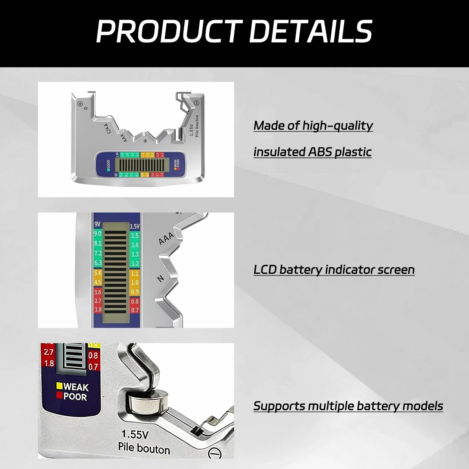 Universal Battery Tester pour Piles AA AAA C D N 9V 1.5V