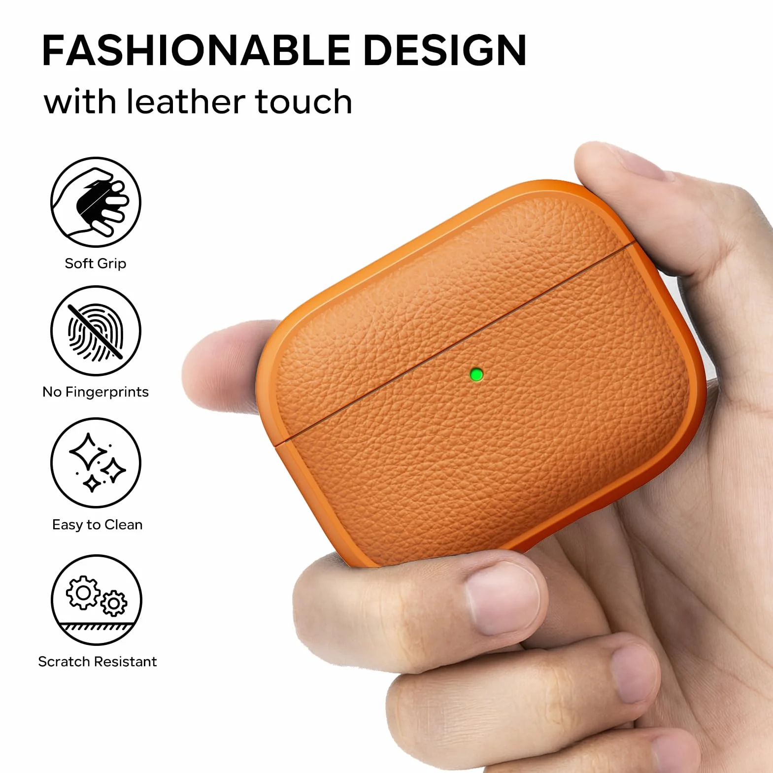 ACRONIX Coque TPU Imitation Cuir pour AirPods Pro 3 (2025) – Résistante aux Rayures et à la Poussière, LED Visible à l'avant, Protection Antichoc, Dragonne et Outil de Démontage Inclu, Orange