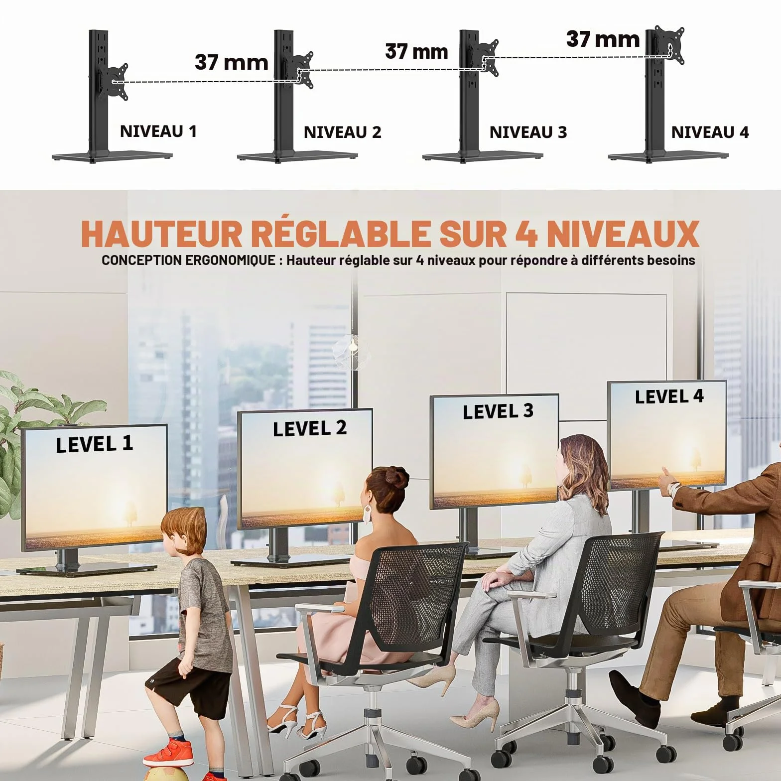 Hemudu Support de Bureau Simple pour écran LCD 13"-32" avec Pivot, Hauteur réglable, Rotation, 35 kg