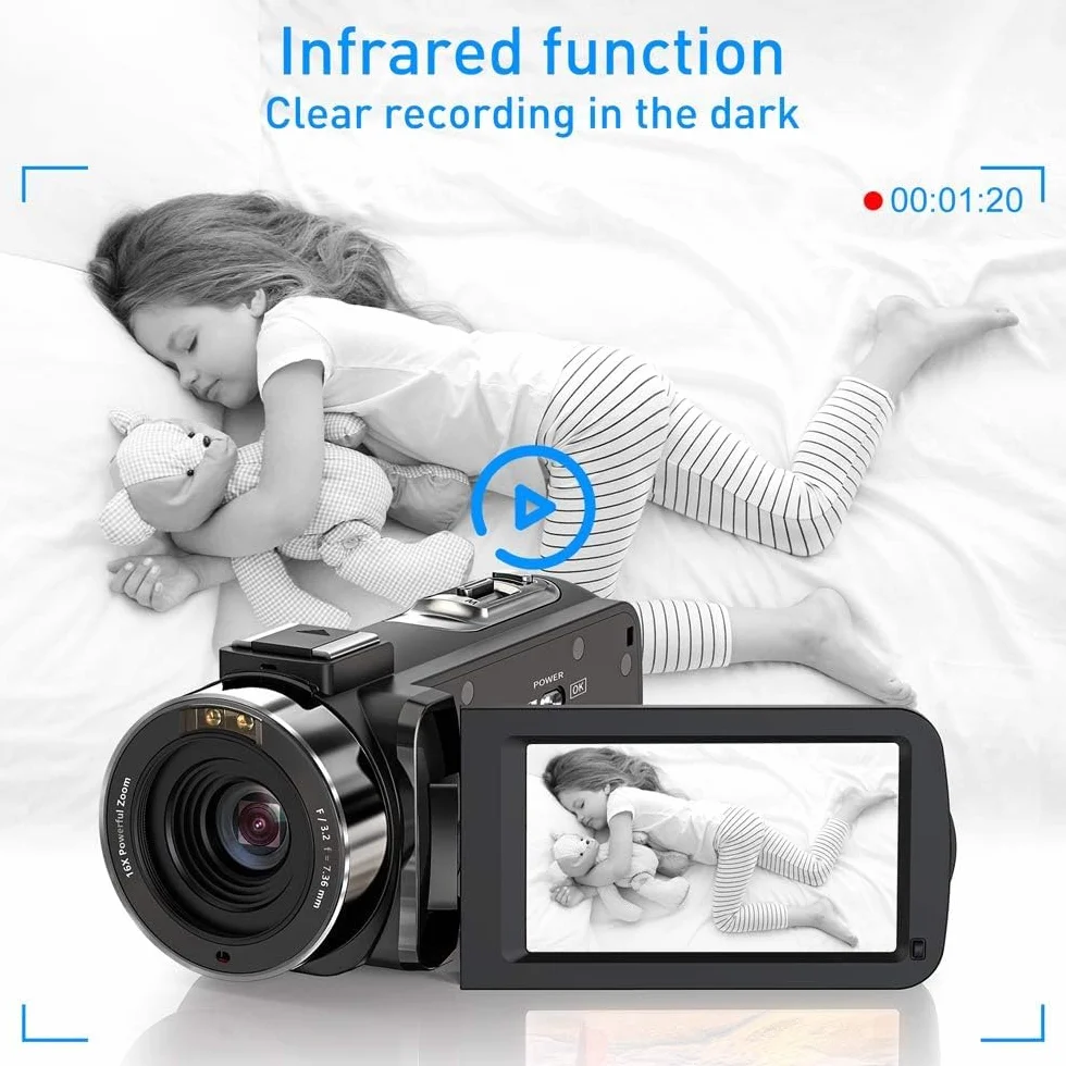 Caméscope, Camescope Numerique 1080P 36MP IR Vision Nocturne 16X Zoom Numérique 3,0 Pouces LCD 270 Degrés Ecran Rotatif Vlogging Caméra pour Youtube avec Télécommande, 2 Piles