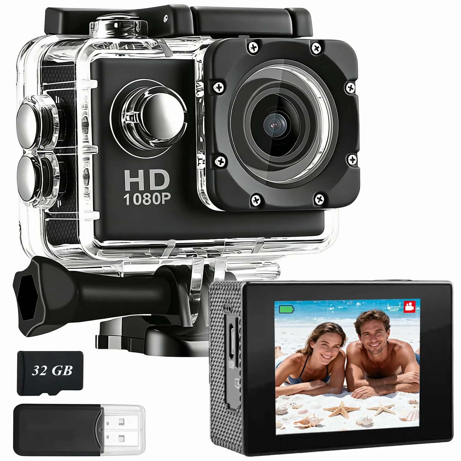 Caméra Sport 1080P Etanche 30M Grand Angle avec Carte Mémoire 32GB et Deux Piles Rechargeables 900mAh
