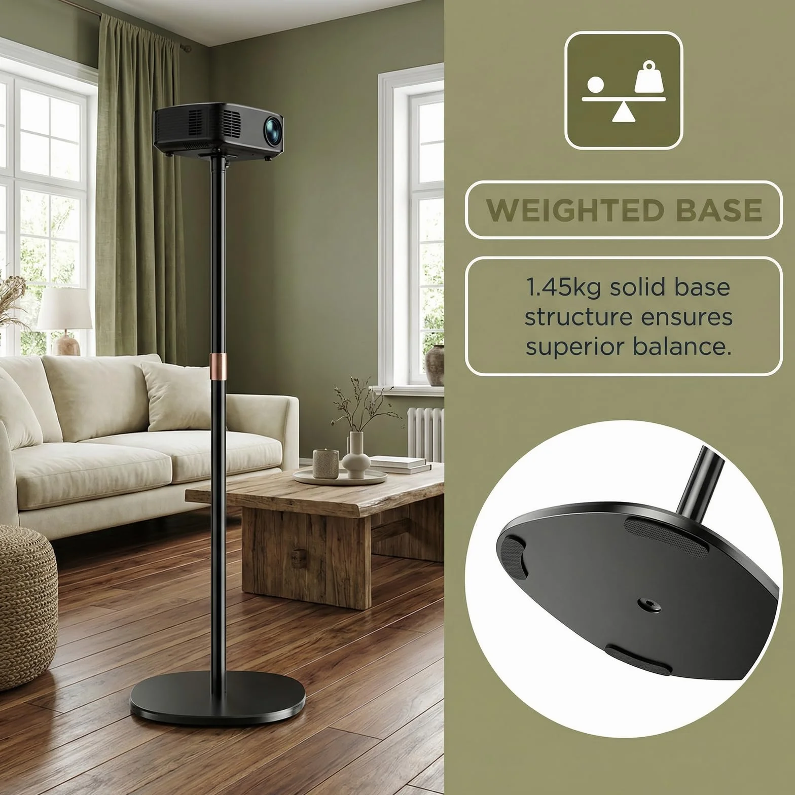 Support Vidéoprojecteur Rotatif 360° Hauteur Réglable 128-164 cm Base Robuste Home Cinéma
