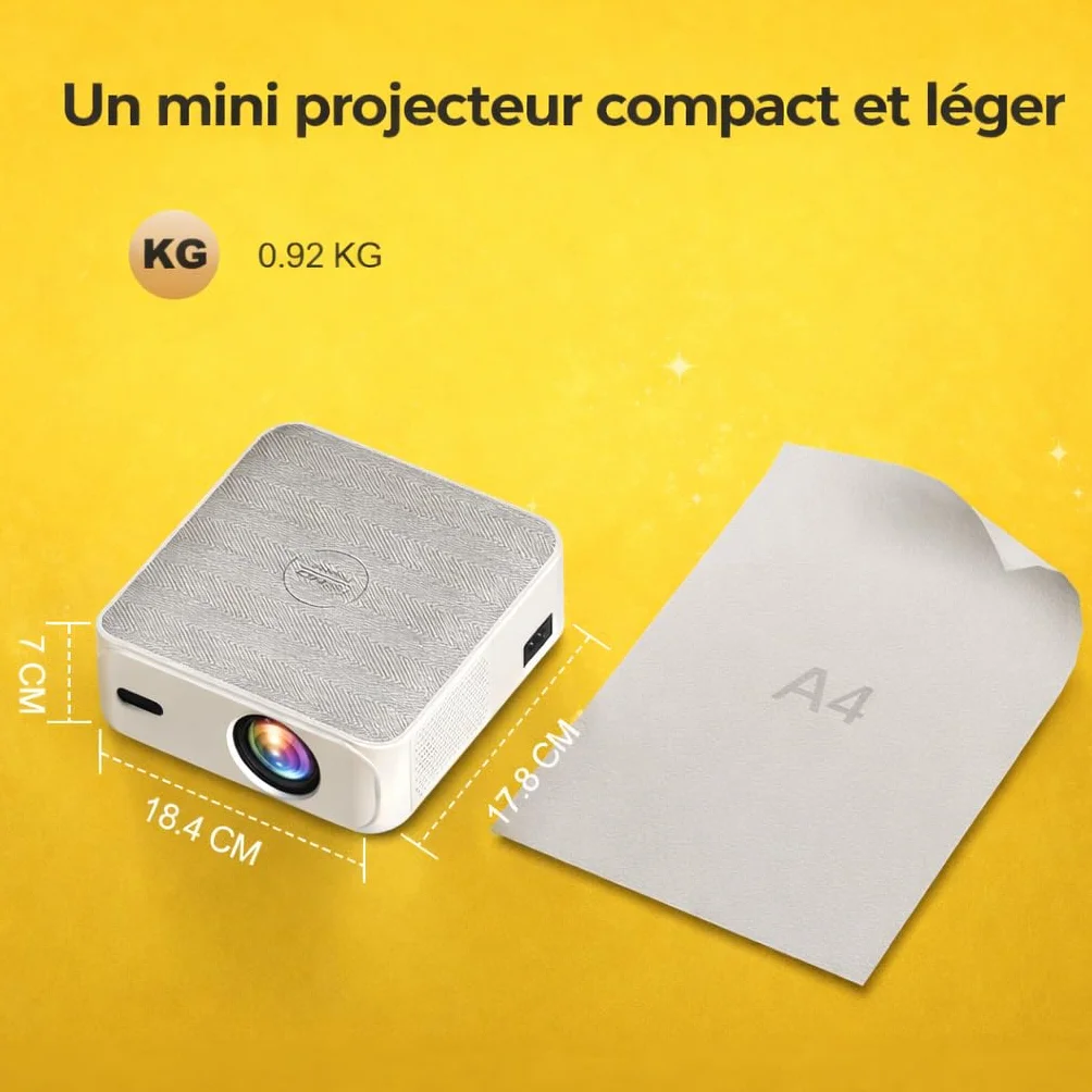 Projecteur Portable 4K Full HD 1080P avec Support Ajustable Intégré, HDMI/USB, Home Cinéma