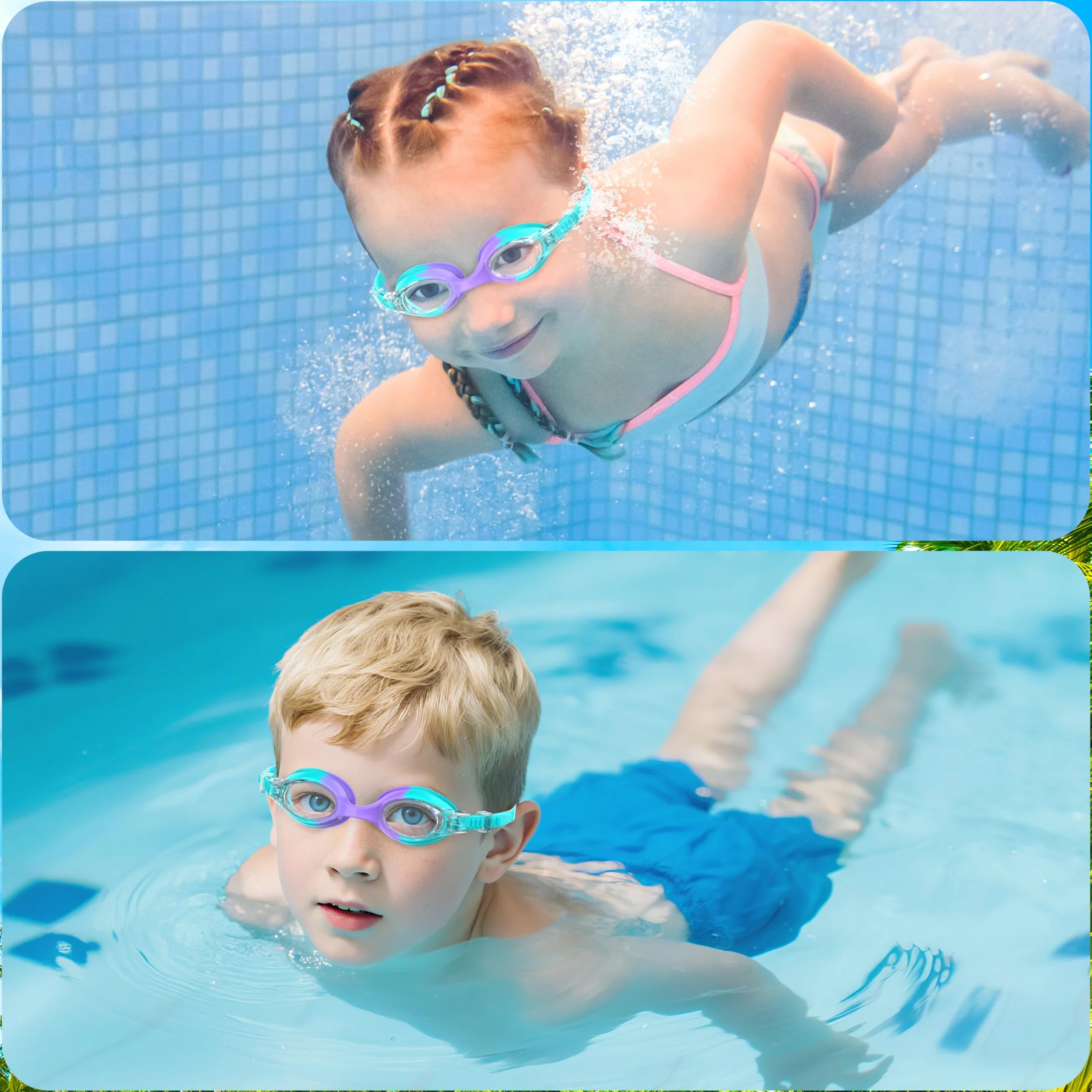 Lunette Piscine Enfant 2 Pcs Anti-Buée Protection UV Silicone 3-12 Ans