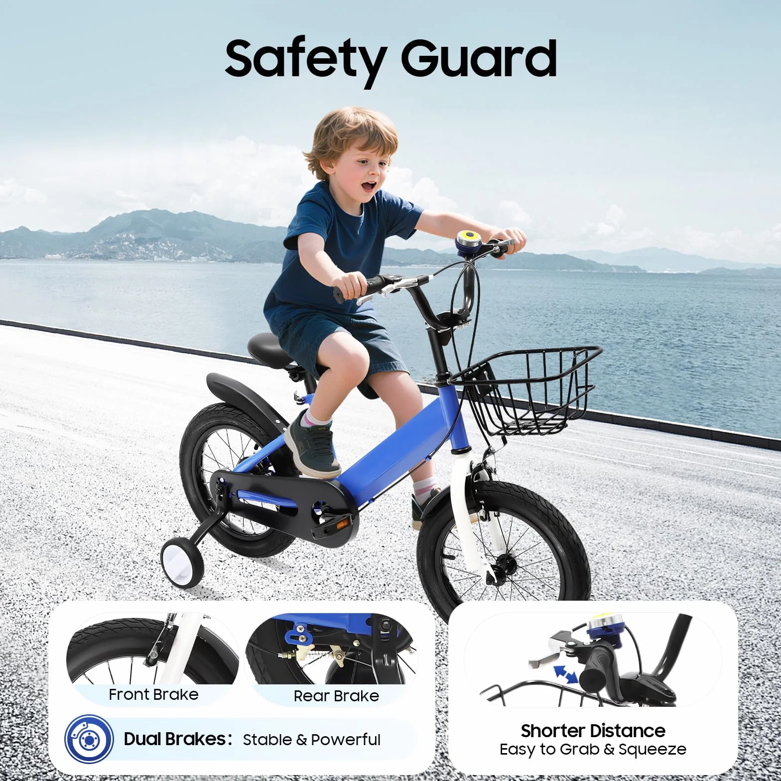 Vélo enfant 14 pouces roues stabilisatrices équilibre garçons filles 3-6 ans siège réglable rétropédalage frein main
