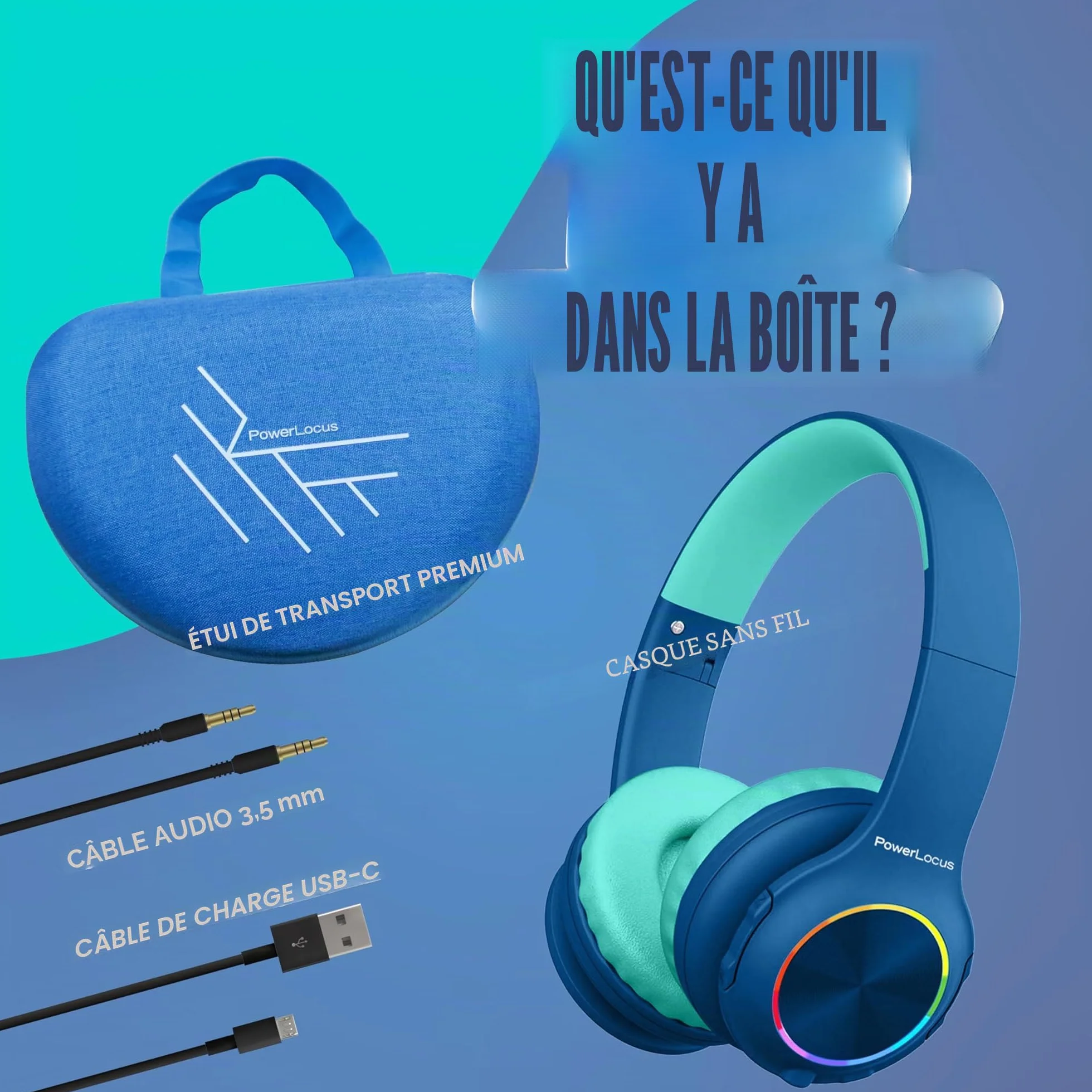 PowerLocus Casque Bluetooth Pliable sans Fil pour Enfant avec Lumières LED, HD Stéréo, USB-C Recharge Rapide, Micro intégré, SD Mode et Filaire pour iPhone/Tablettes/TV