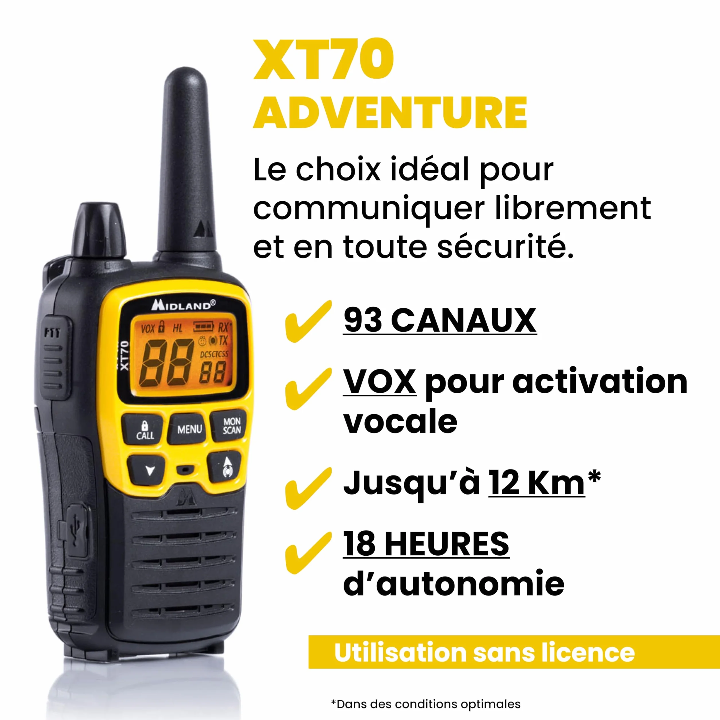 Midland C1180.01 XT70 Adventure Talkie Walkie - Émetteur-Récepteur Radio Pro Bi-bande à Recharge Rapide - Jaune - 69 LPD et 24 PMR446, 12 km, 38 Tonalités et 83 Codes - Lot de 2 Émetteurs-Récepteurs