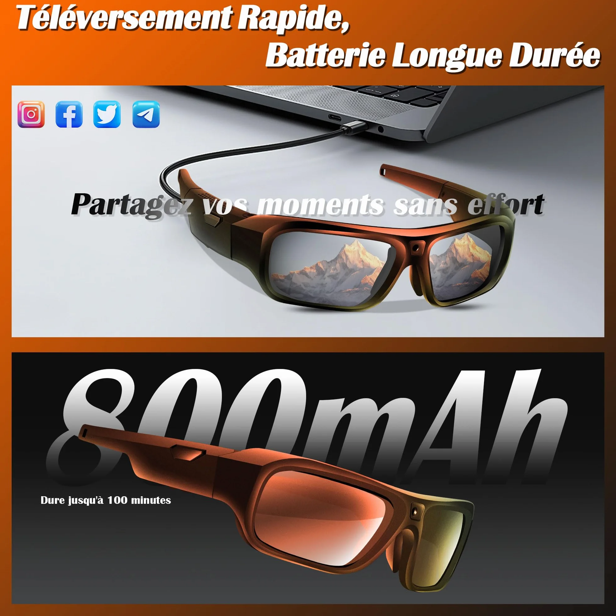 Lunettes avec Caméra 4K, Innovantes High-Tech Lunettes Camera de Sport pour l'extérieur, Lunettes de Soleil Vidéo avec Protection UV400, Support Photo/Vidéo, Opération à une Touche