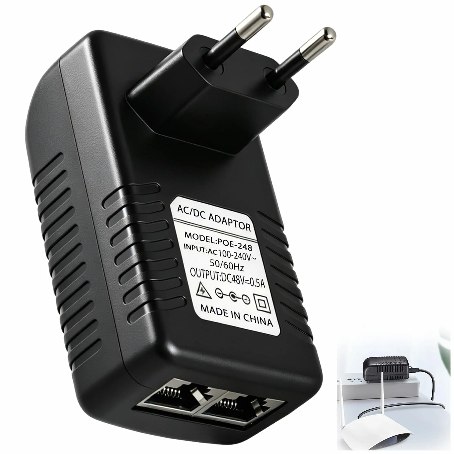 48V 0.5A PoE Adaptateur Injecteur Ethernet, 24W Adaptateur d’Alimentation Ethernet avec Débit 100Mbps et Voyant LED, 48V PoE Injecteur Mural avec Prise EU, pour Caméra IP AP WiFi Téléphone VoIP