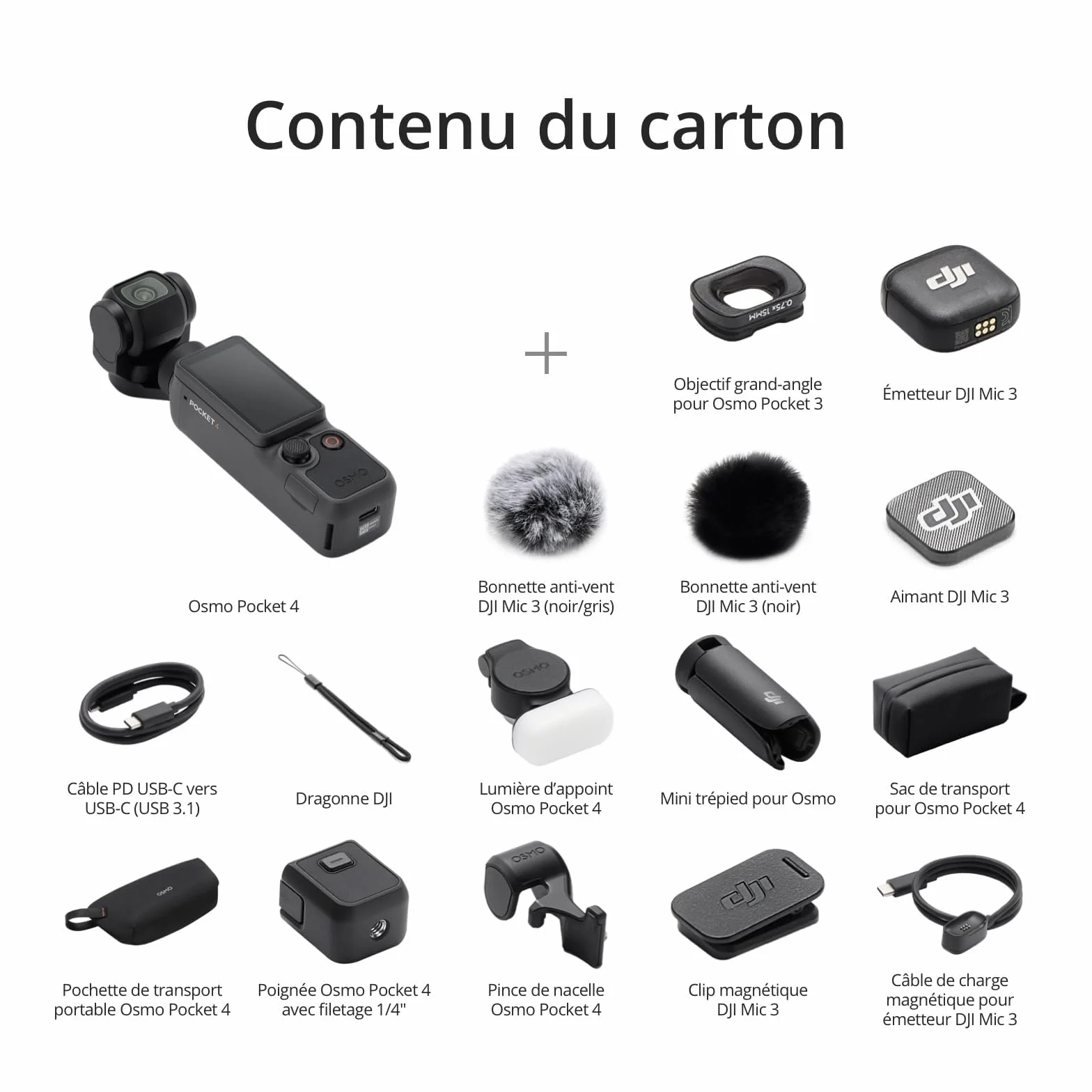 DJI Osmo Pocket 4 Kreativ Combo avec étui de protection, caméra vlog stabilisateur de poche, 3 microphones, capteur CMOS 1 pouce, 4K/240 IPS, mémoire 107 Go