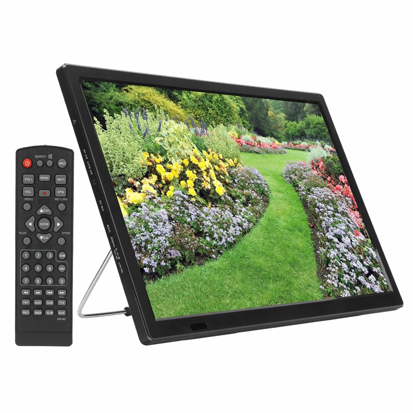 Téléviseur numérique portable 16 pouces, écran TFT HD 1080p, téléviseur LED TNT, signal rechargeable, moniteur de télévision numérique sans délai avec HDMI, USB, support TV pour voyage en voiture