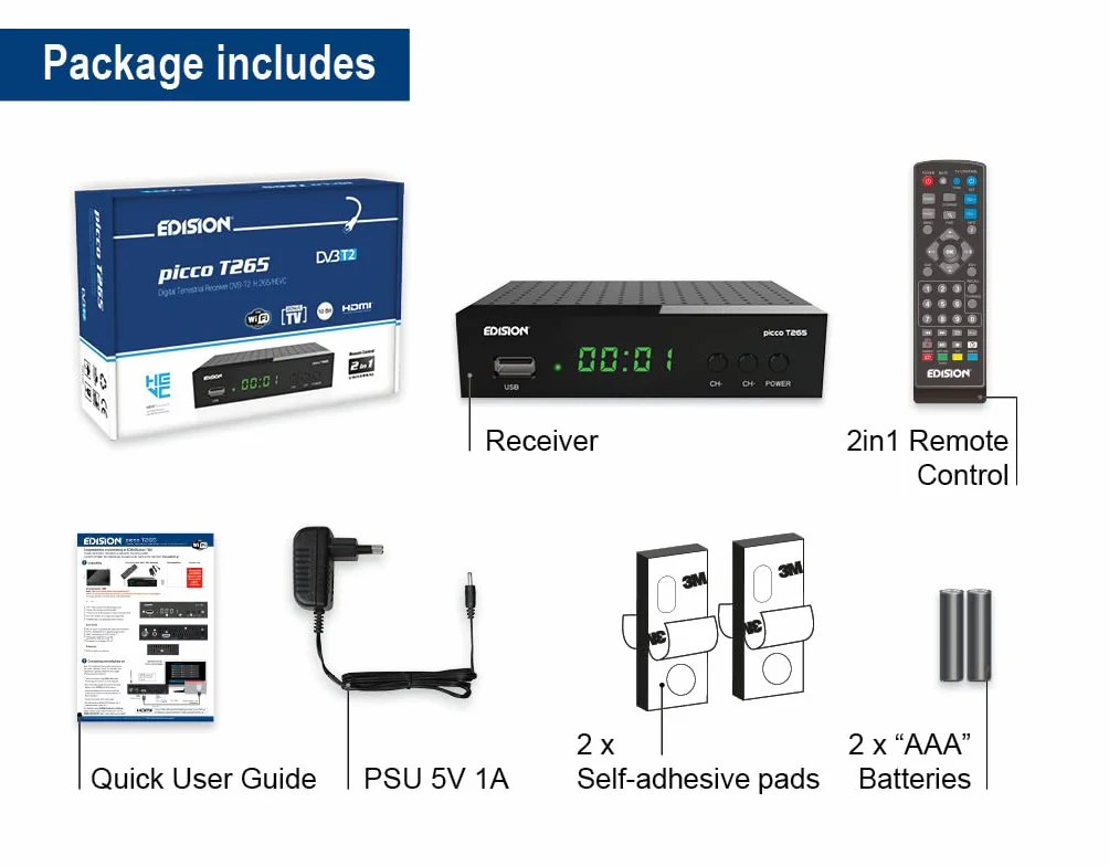 EDISION PICCO T265 DVB-T2 Récepteur H265 HEVC WiFi IR Télécommande