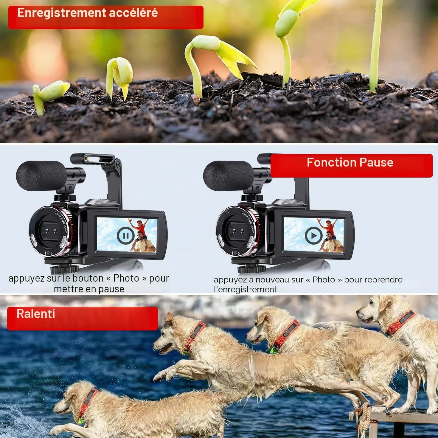 Caméra Vidéo 4K 64MP Caméscope Vlogging avec Écran Rotatif 270°, Carte 64 Go, Microphone, Stabilisateur, Télécommande, 2 Piles