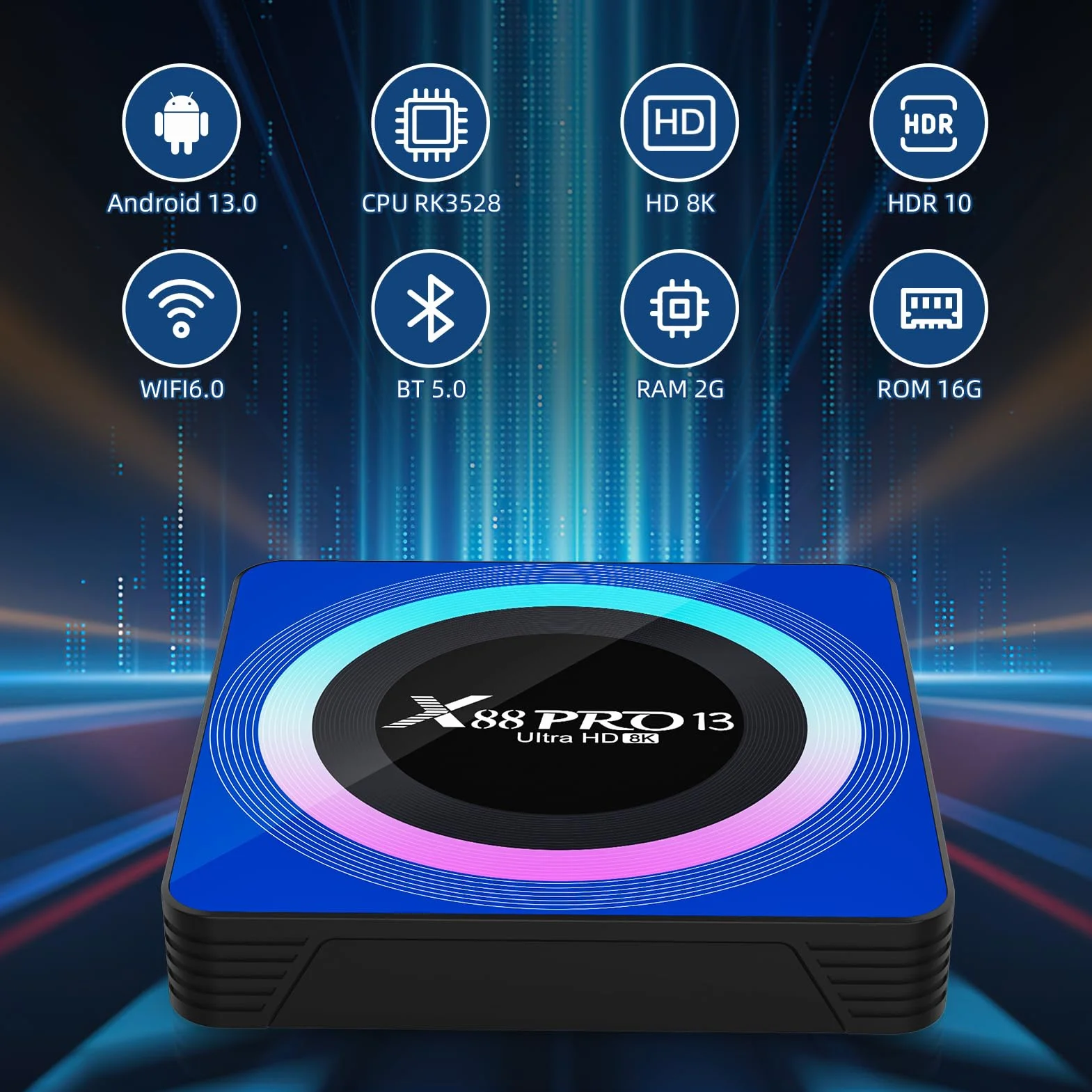 Android 13.0 TV Box, Smart TV Box 2GB RAM 16GB ROM RK3528 Quad-Core 64bit Cortex-A53 GPU Mali 450 MP2, Boitier TV Support 8K Ultra HD WiFi 2.4/5.0GHz