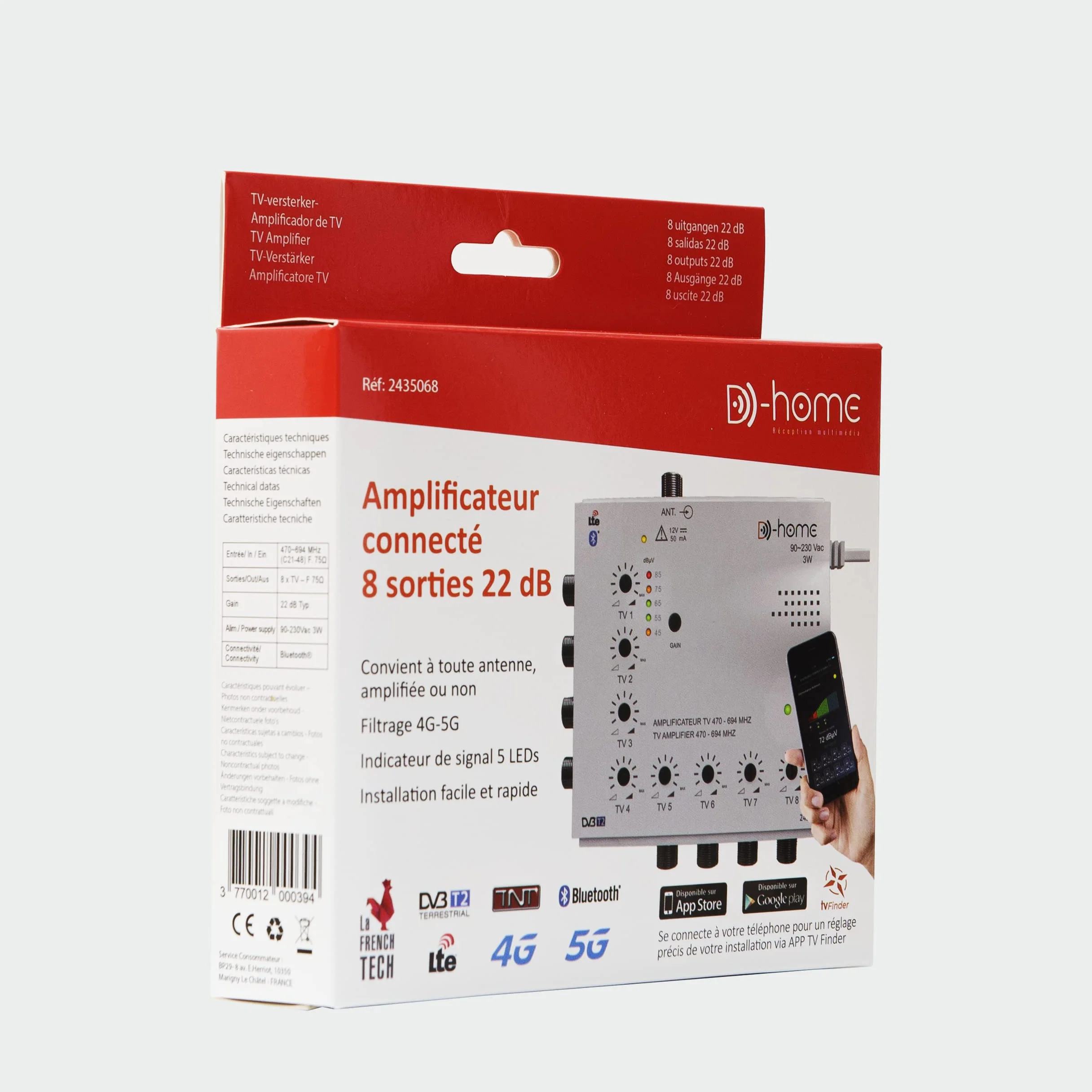 Amplificateur TV TNT Intérieur 8 Sorties 22dB Connecté Filtré 4G-5G avec Application Mobile TV Finder