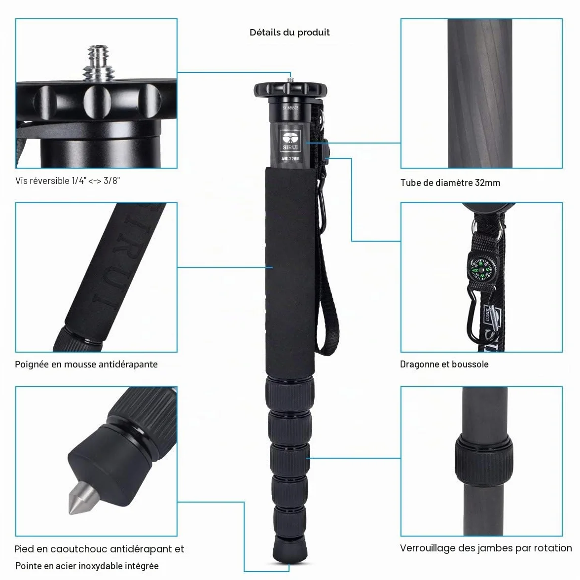 SIRUI Monopode Appareil Photo en Fibre de Carbone,6 Sections Monopode Portable, Monopod de Voyage Charge Maximale 10KG (AM-326M,Noir)