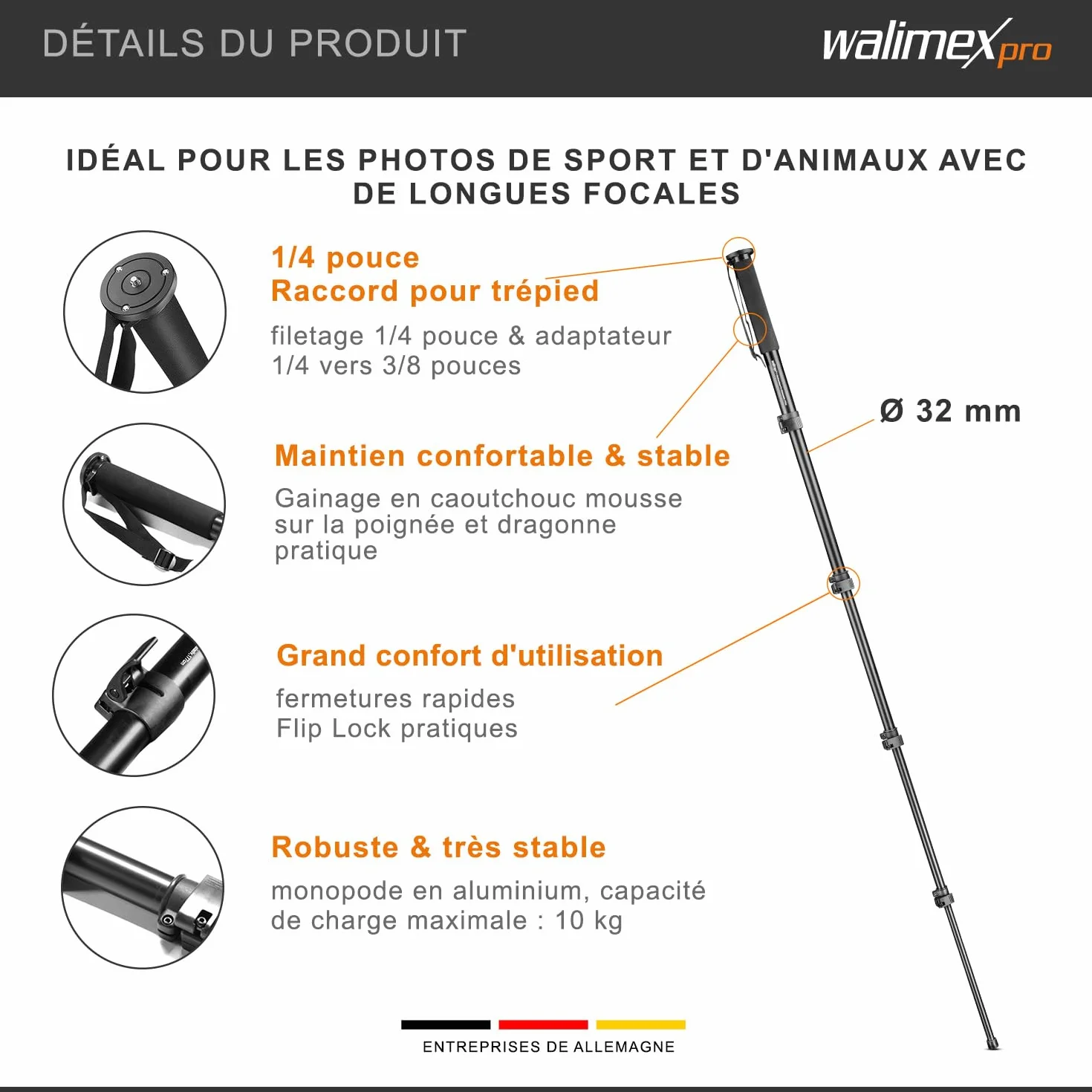 Walimex Monopied en aluminium FT-1502 (hauteur max. 177 cm, incl. dragonne et sac de transport)