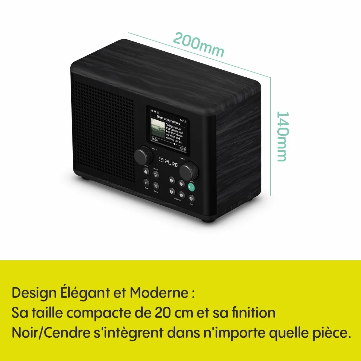 Pure Classic H4i – Radio Internet avec WiFi, Dab+, FM, Bluetooth 5.3 et USB – Haut-Parleur 10 W – Écran Couleur 2,4" – 150 Stations – Minuterie Sommeil et Cuisine – Entrée AUX – Noir