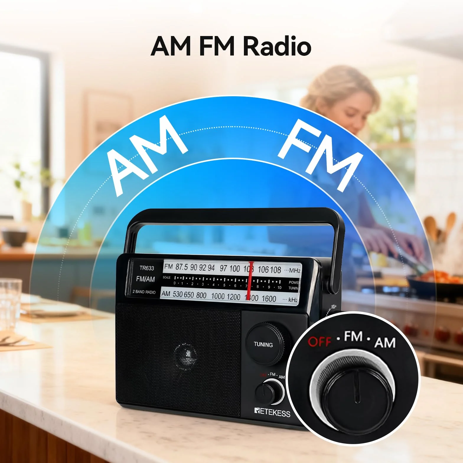 Retekess TR633 Radio Portable, Poste Radio, AM FM, Excellente Réception, Gros Boutons, Secteur ou Piles, Prise Casque 3,5 mm, Adapté aux Personnes âgées, Cuisine, Chambre