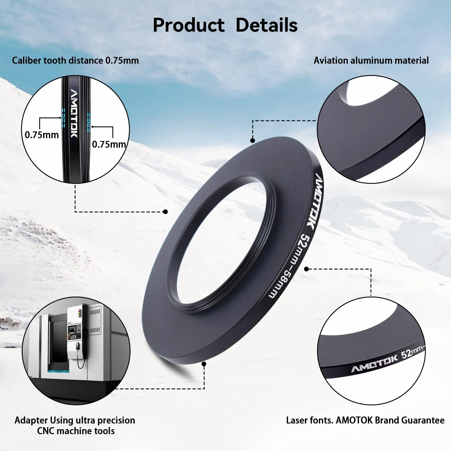 Bague d'adaptation de filtre Step Up de 52 mm à 58 mm, compatible avec objectif 52 mm vers 58 mm (accessoire de filtre UV-CPL-ND)